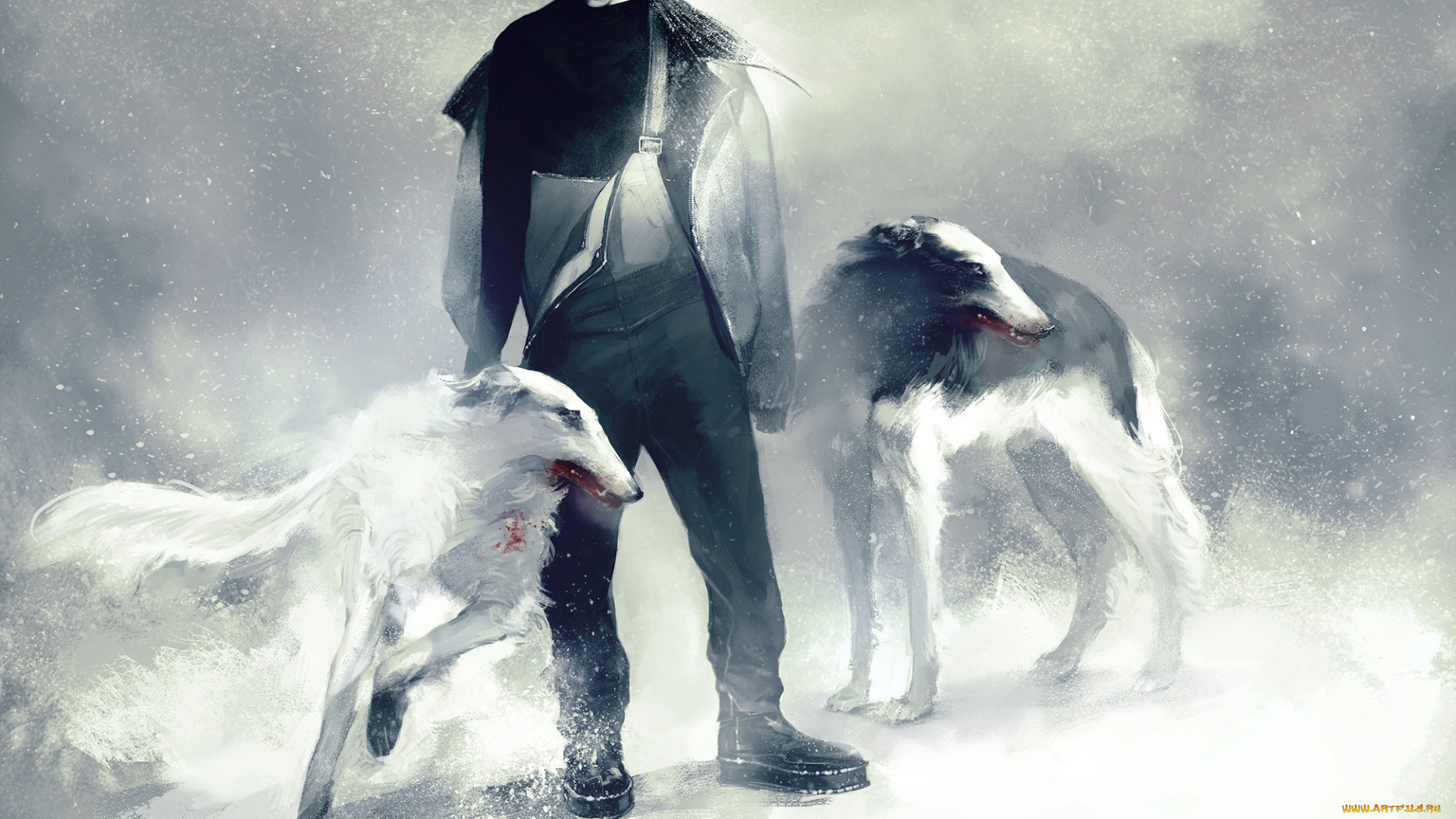 аниме, -weapon, , blood, &, technology, heleness, арт, зима, снег, парень, собаки