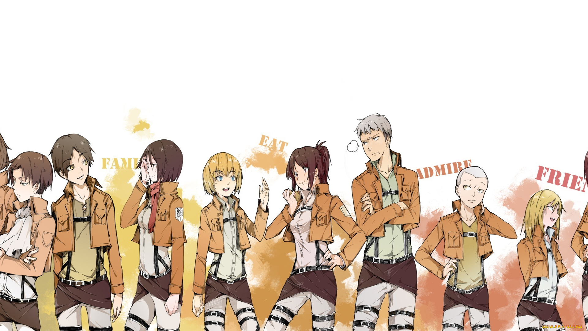 аниме, shingeki, no, kyojin, белый, фон, персонажи, атака, титанов, арт