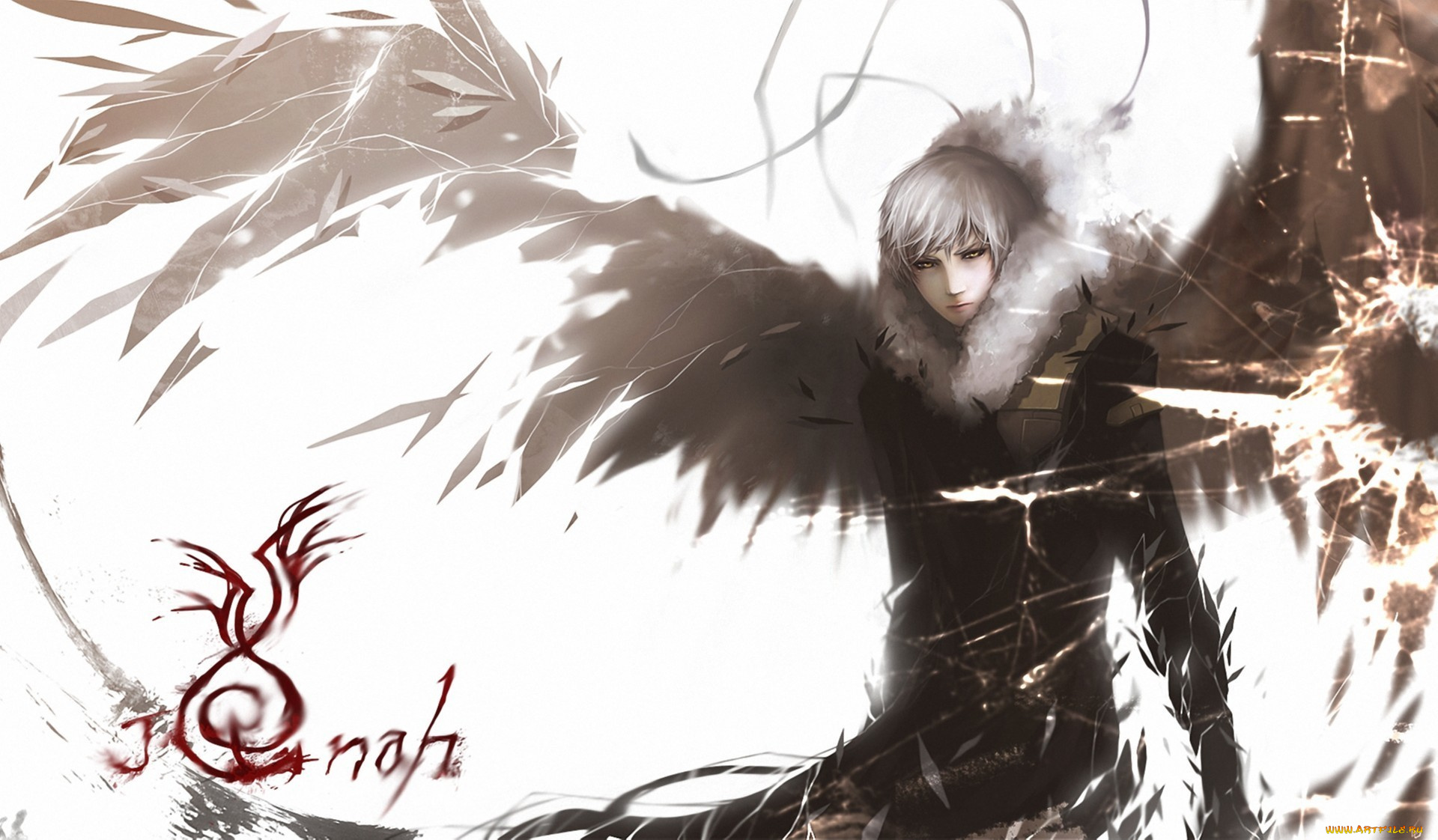 аниме, -angels, &, demons, парень, арт, крылья, ангел, трещины, надпись