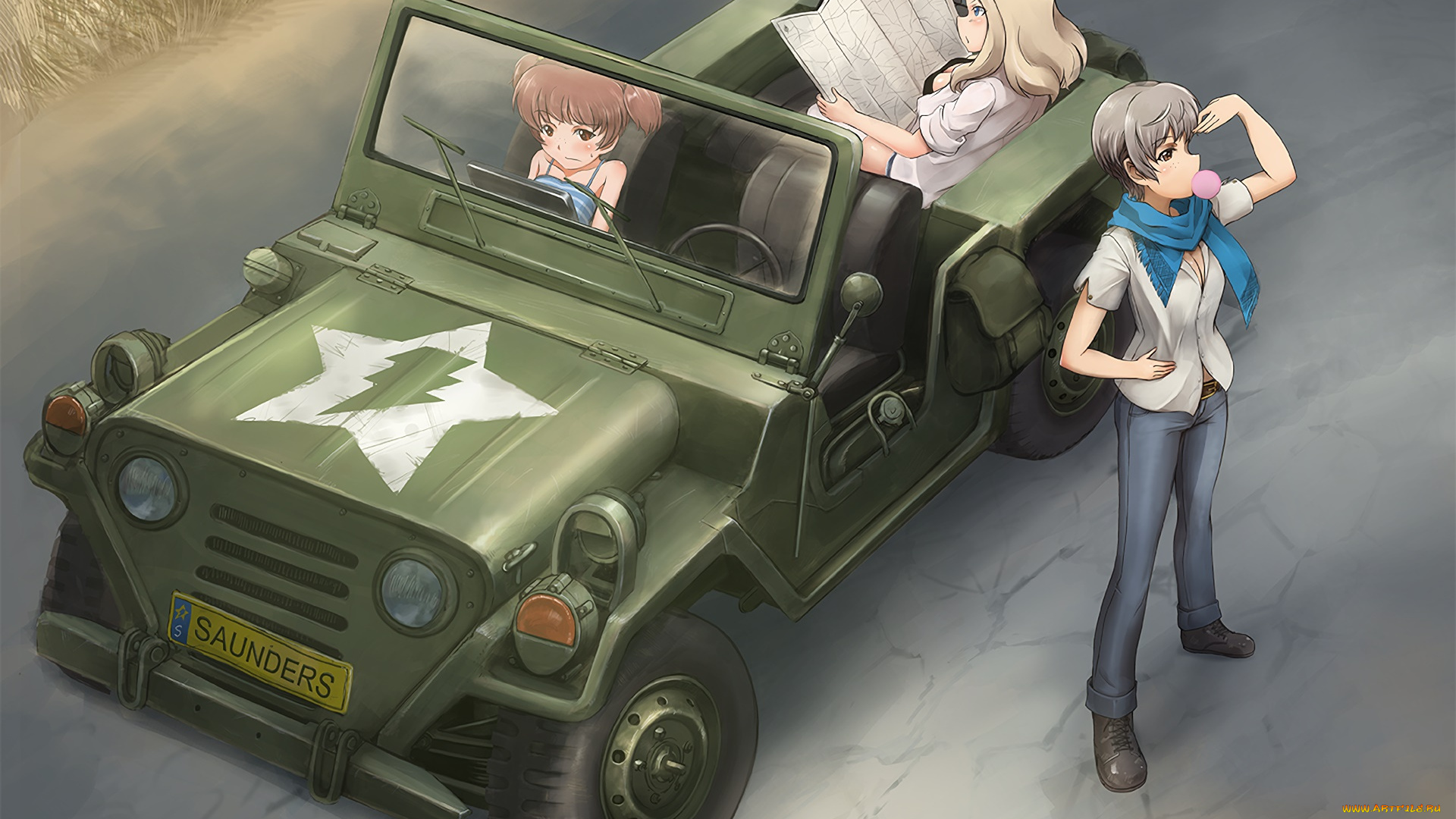 аниме, girls, und, panzer, девушки, взгляд, фон