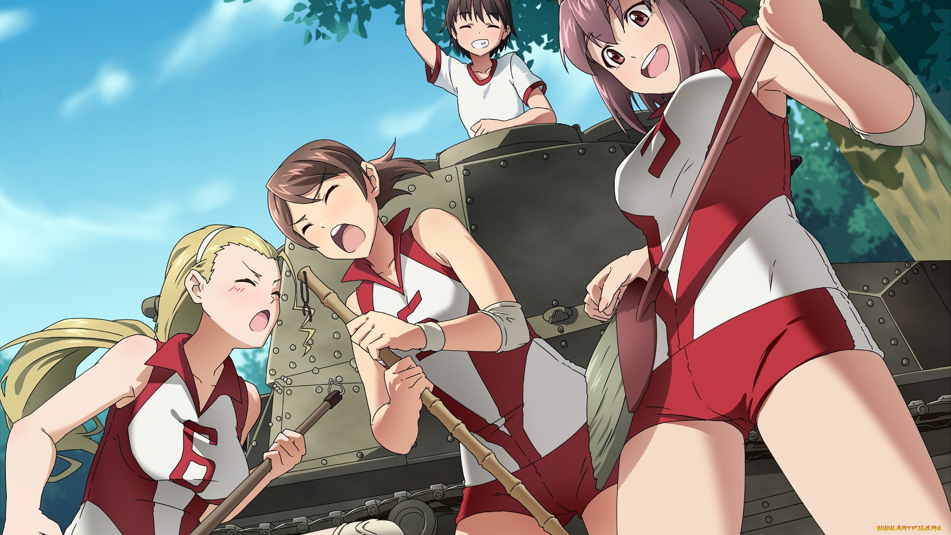 аниме, girls, und, panzer, взгляд, девушки, фон