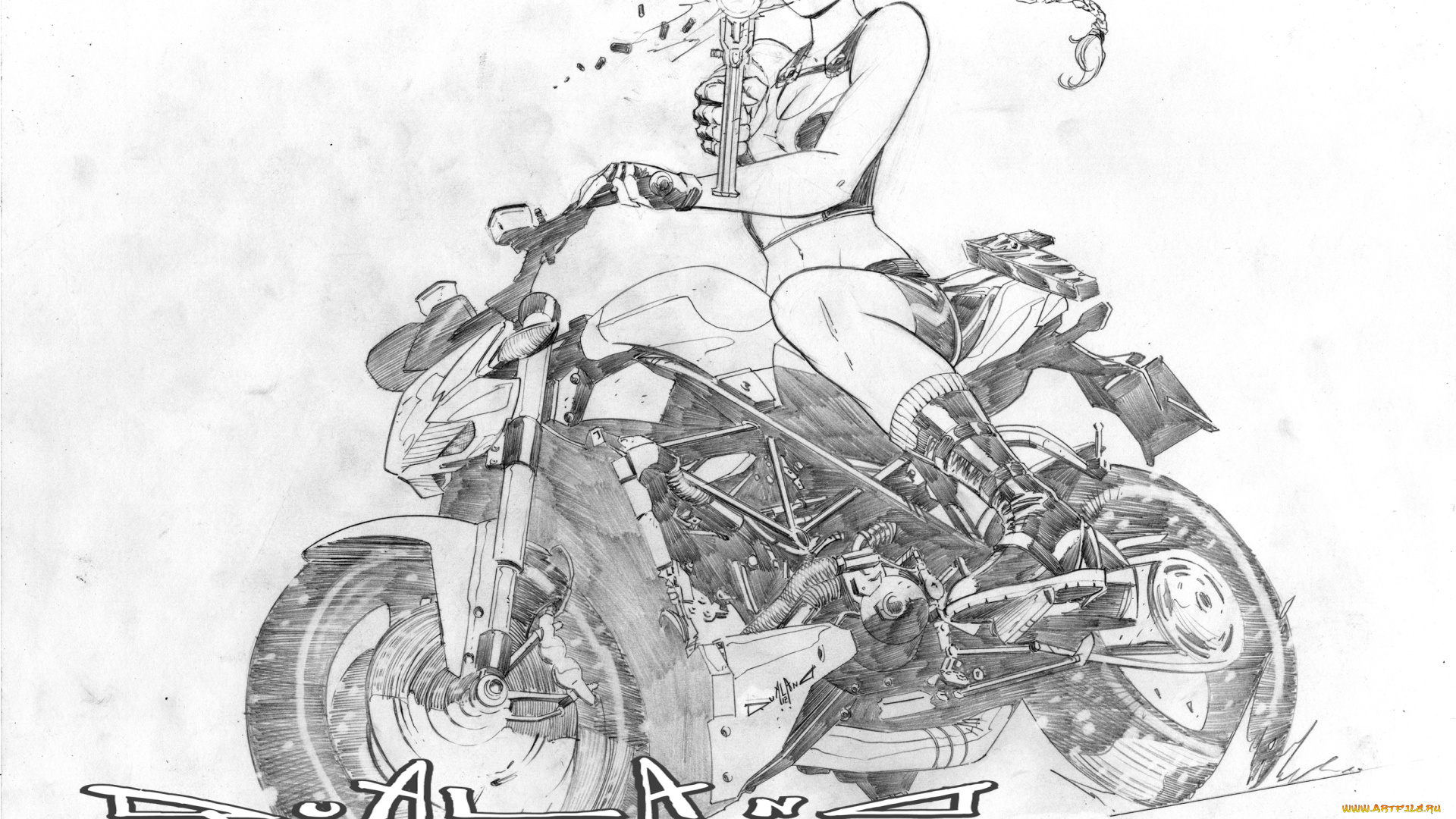 рисованное, комиксы, девушка, мотоцикл, пистолет, фон, взгляд