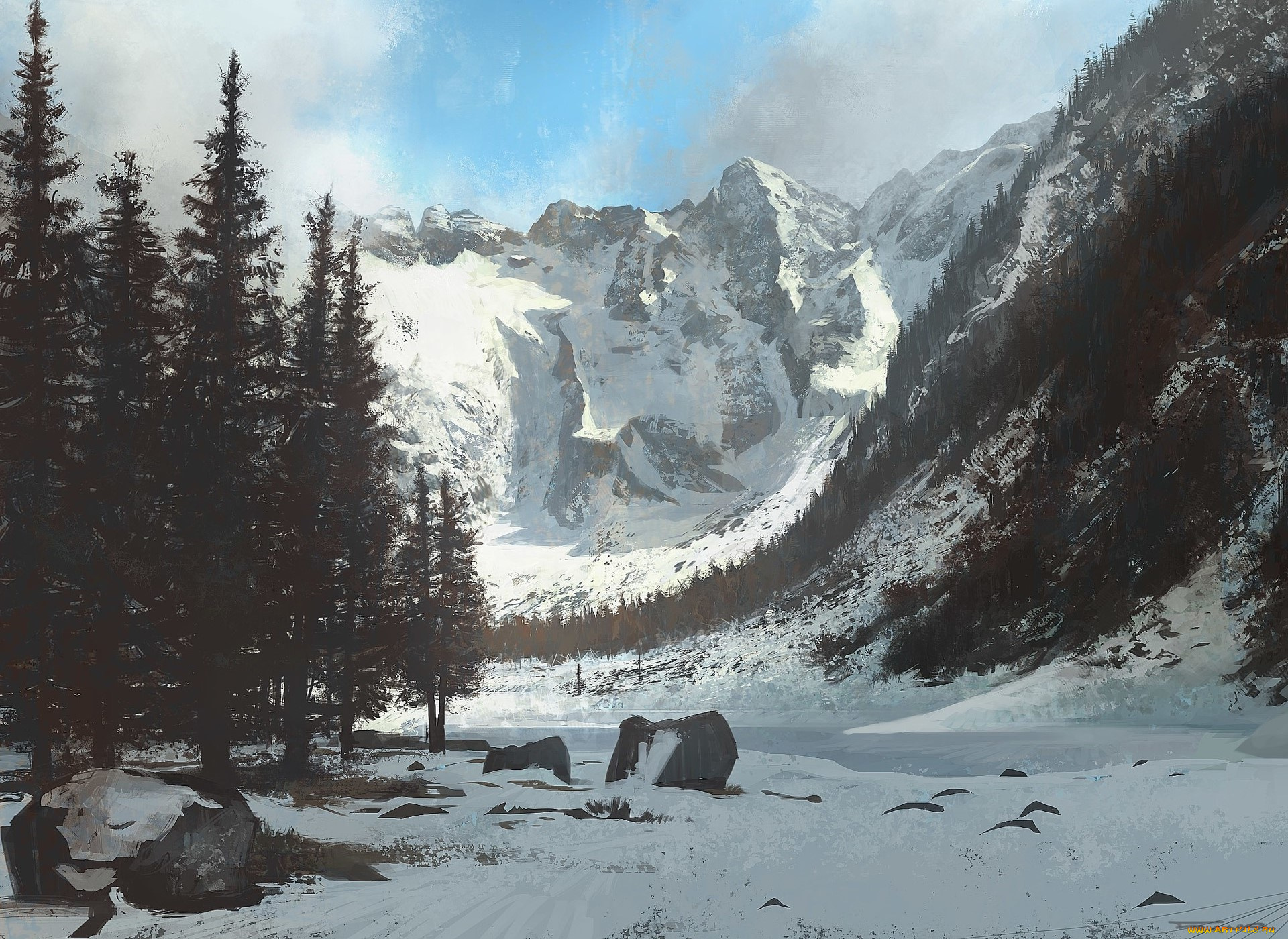 рисованное, природа, горы, снег