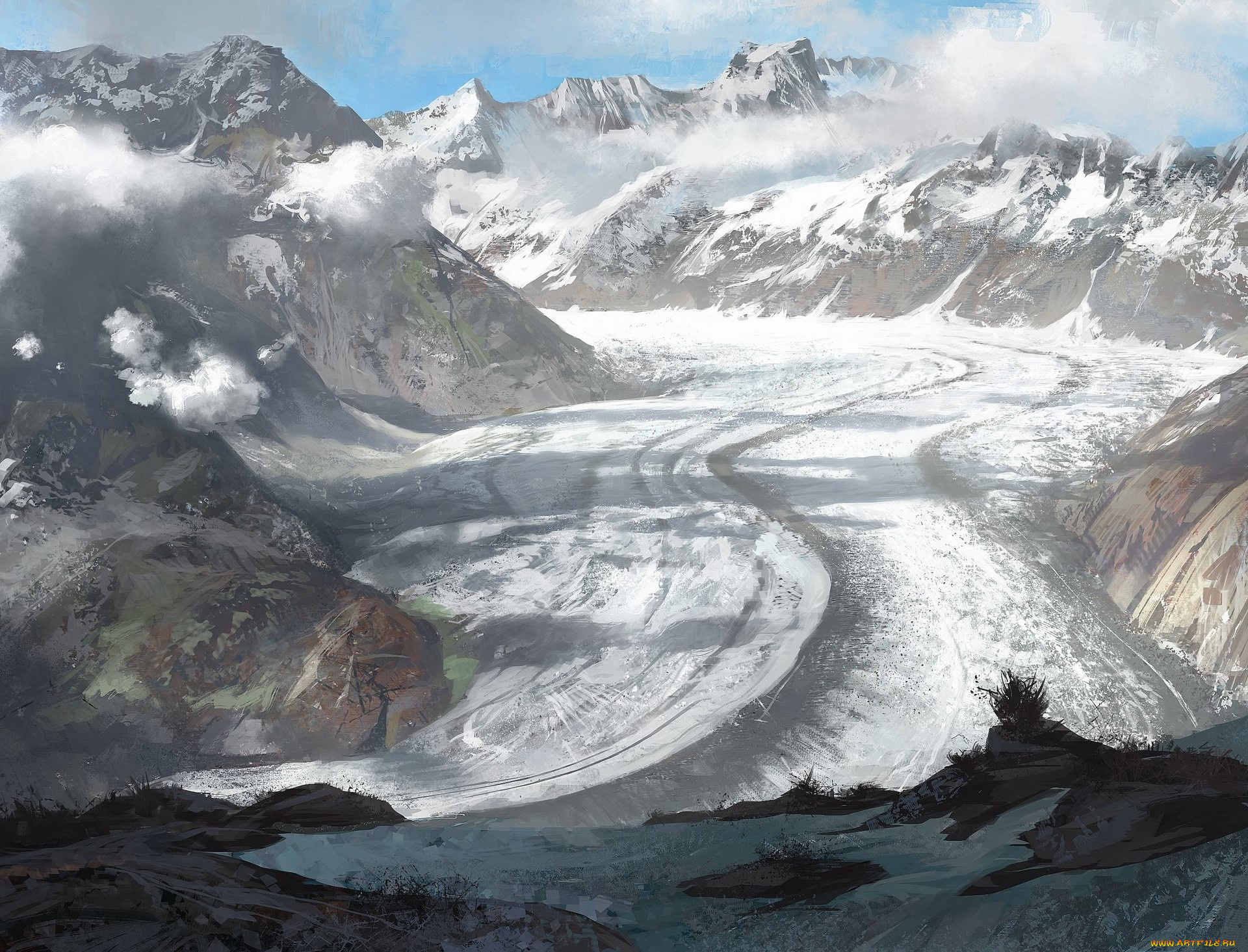 рисованное, природа, снег, горы