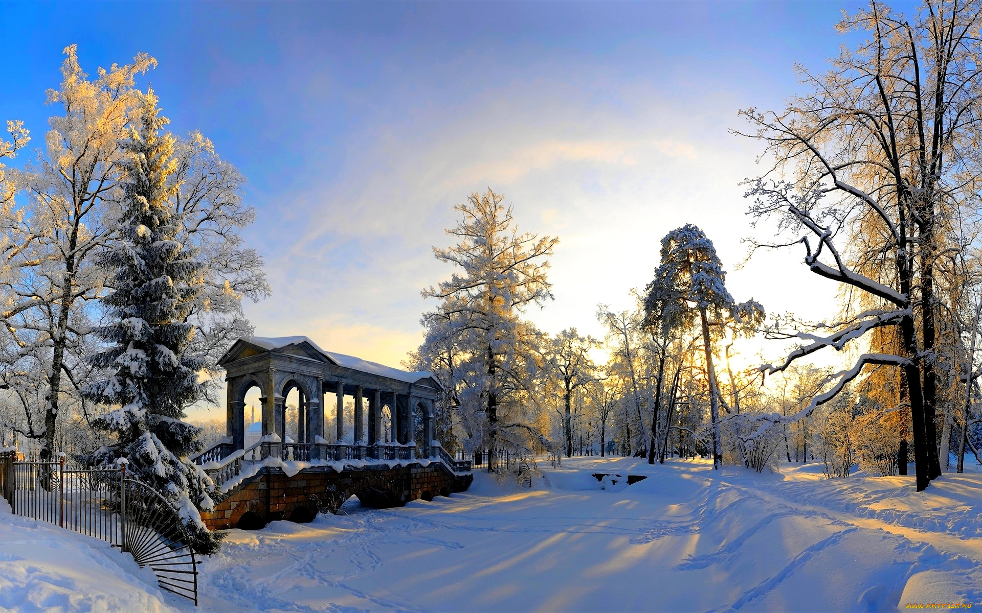 царское, село, природа, зима, парк, мост, деревья, снег