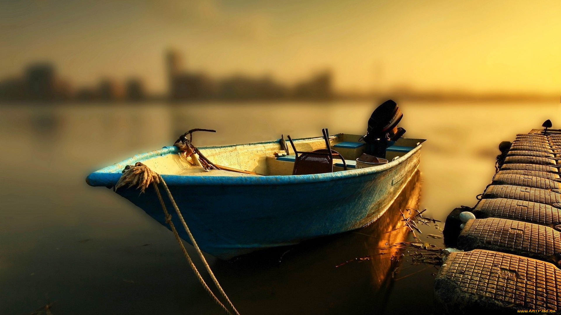 boat, at, sunset, корабли, моторные, лодки, река, рассвет, лодка