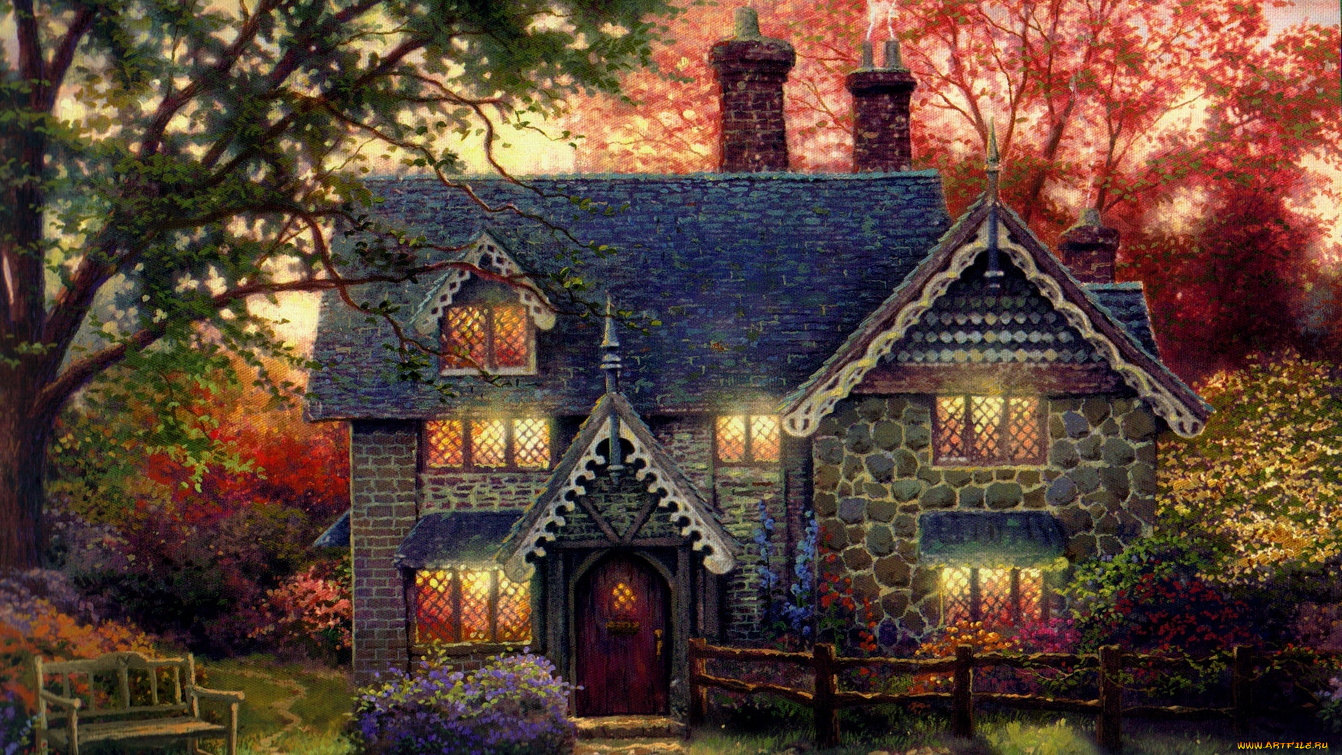 gingerbread, cottage, рисованные, thomas, kinkade, дом, скамья, коттедж