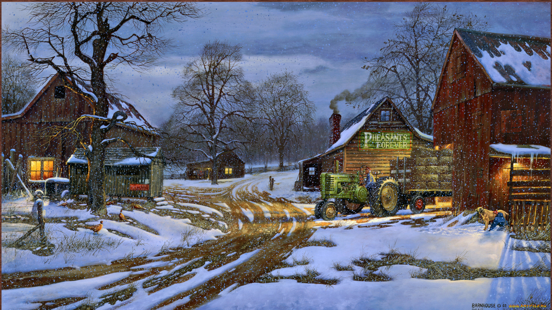 рисованные, живопись, зима, снег, трактор, ферма, собака, дом, фермер, dave, barnhouse