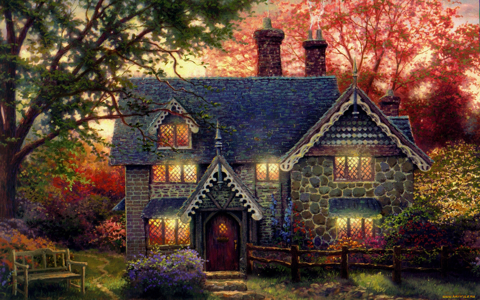 gingerbread, cottage, рисованные, thomas, kinkade, дом, скамья, коттедж