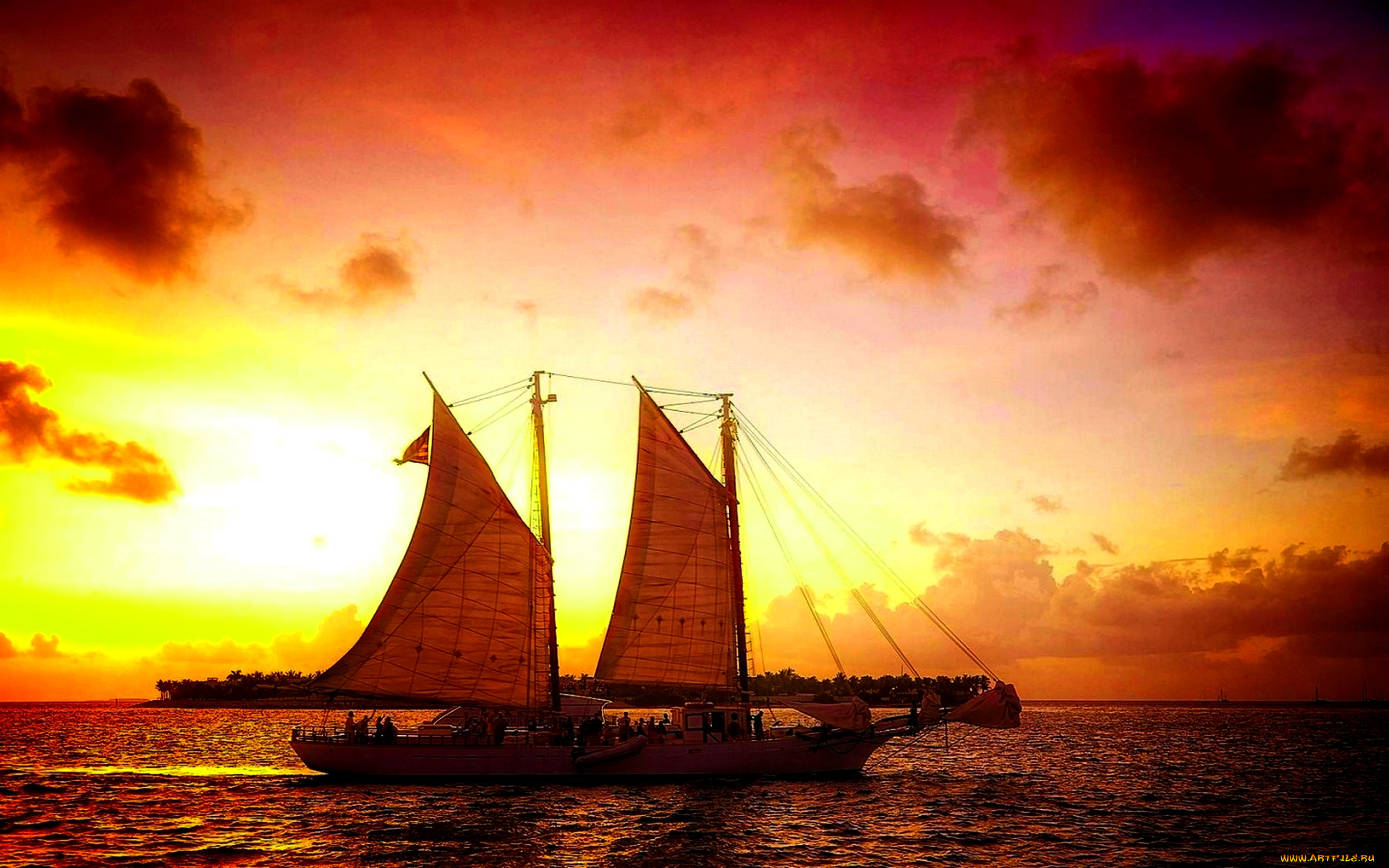 sunset, sailing, корабли, парусники, парусник, остров, закат, океан