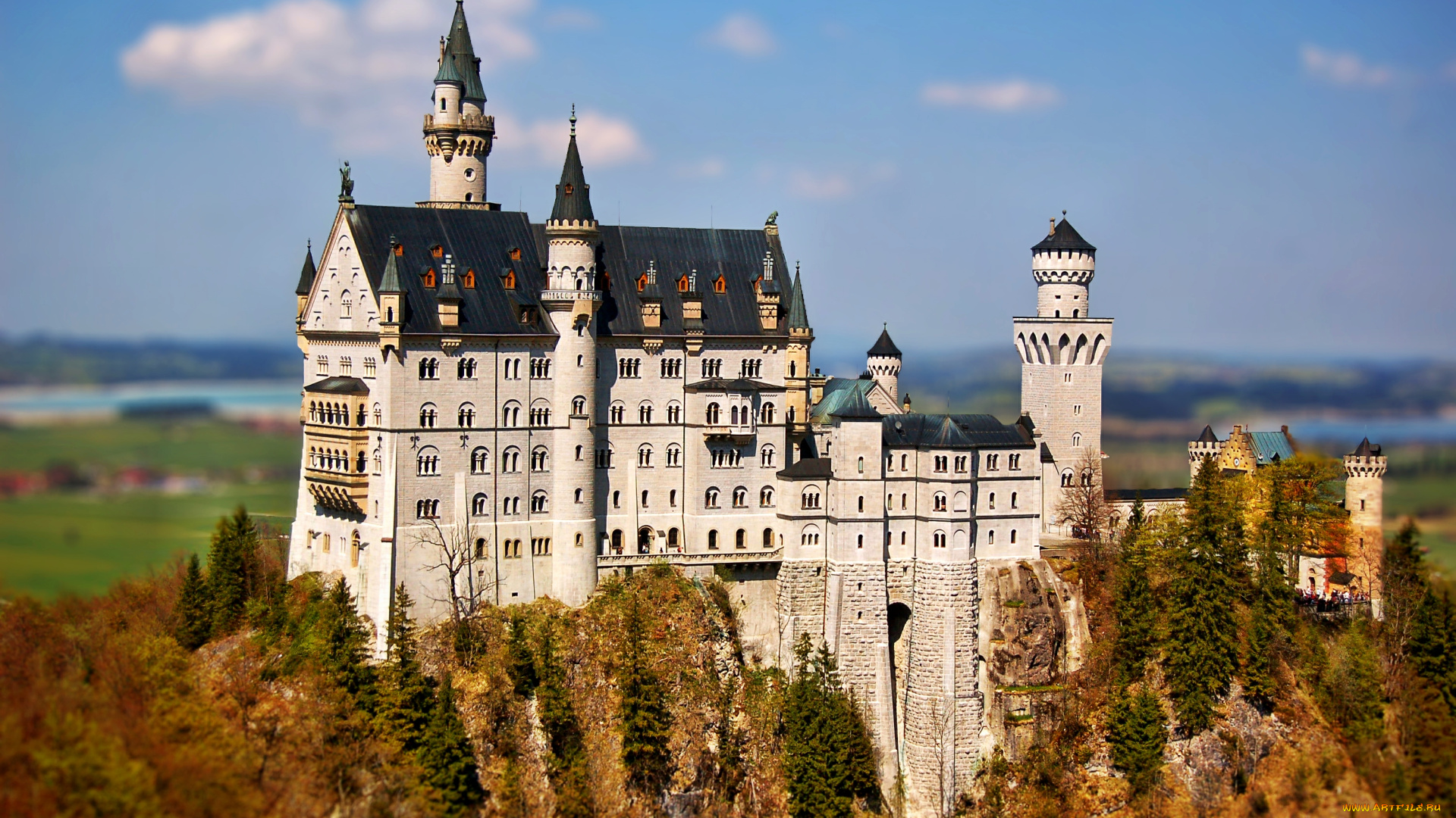 castle, neuschwanstein, города, замок, нойшванштайн, германия, лес, шпили, башни