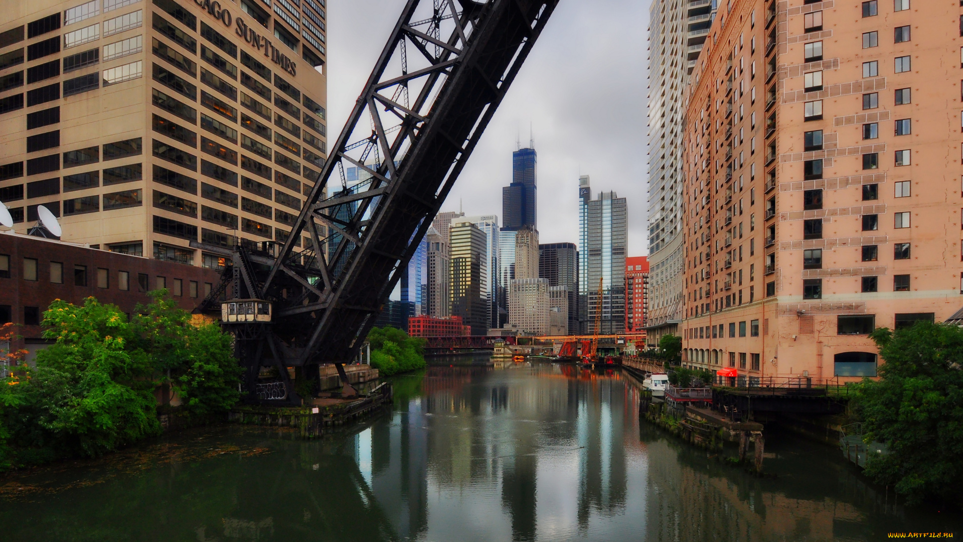 города, Чикаго, сша, мост, вода