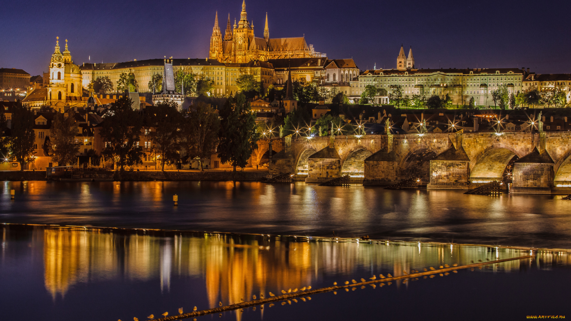 prague, czech, republic, города, прага, Чехия, ночной, город, vltava, river, карлов, мост, река, влтава, charles, bridge