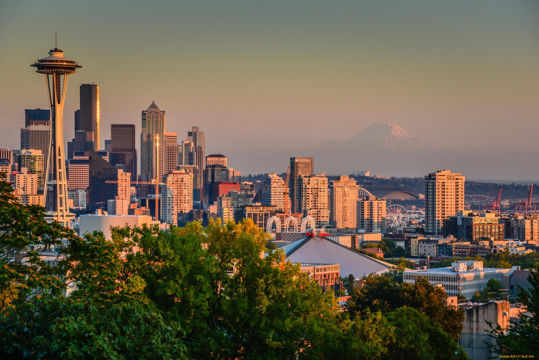 seattle, washington, города, сиэтл, сша, гора, рейнир, mount, rainier, панорама, здания, штат, вашингтон