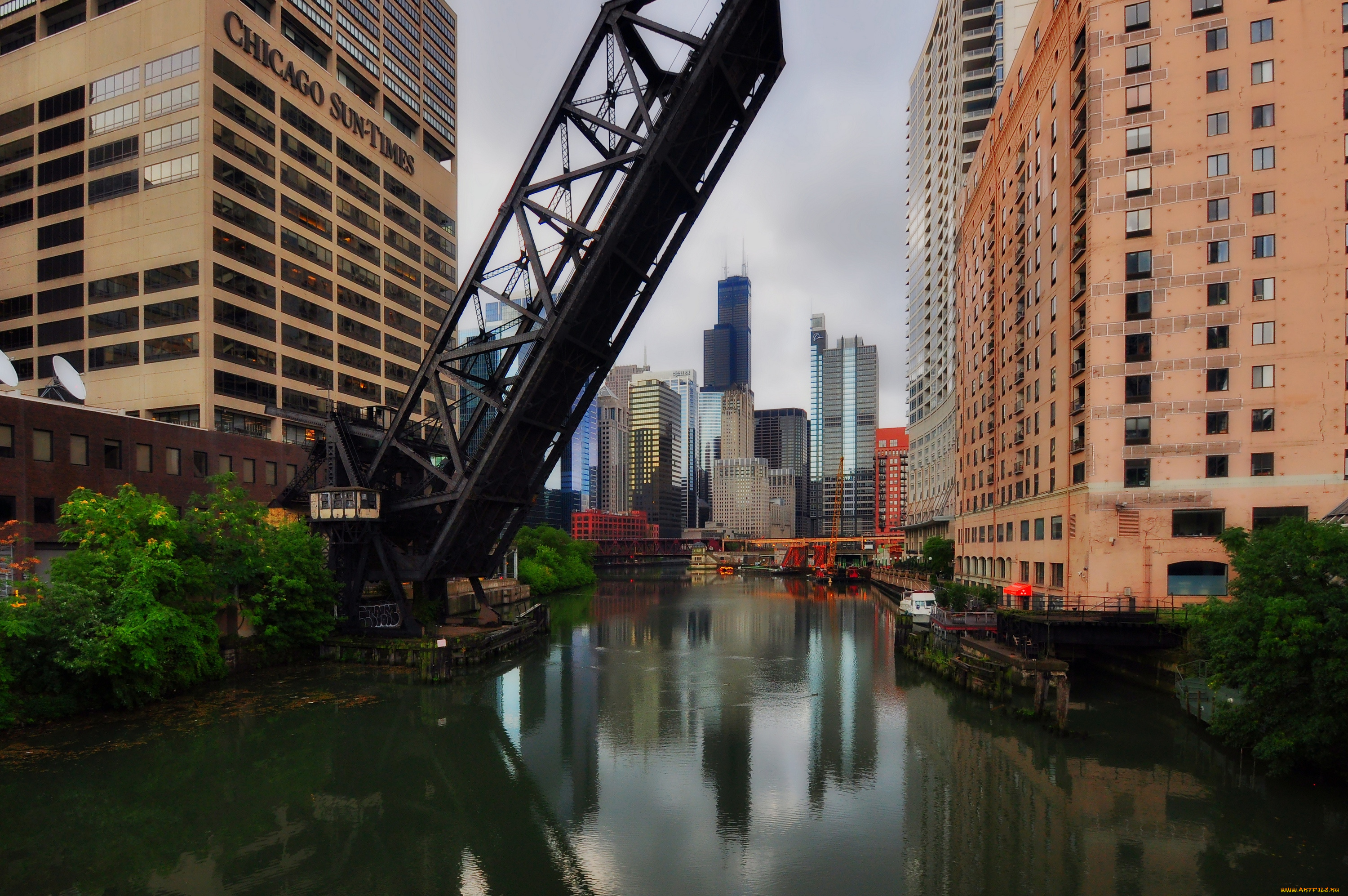 города, Чикаго, сша, мост, вода
