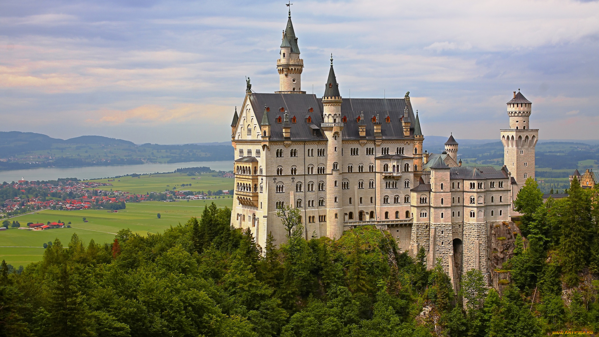 города, замок, нойшванштайн, , германия, neuschwanstein, castle, bavaria, germany, замок, нойшванштайн, бавария, долина, деревья, панорама