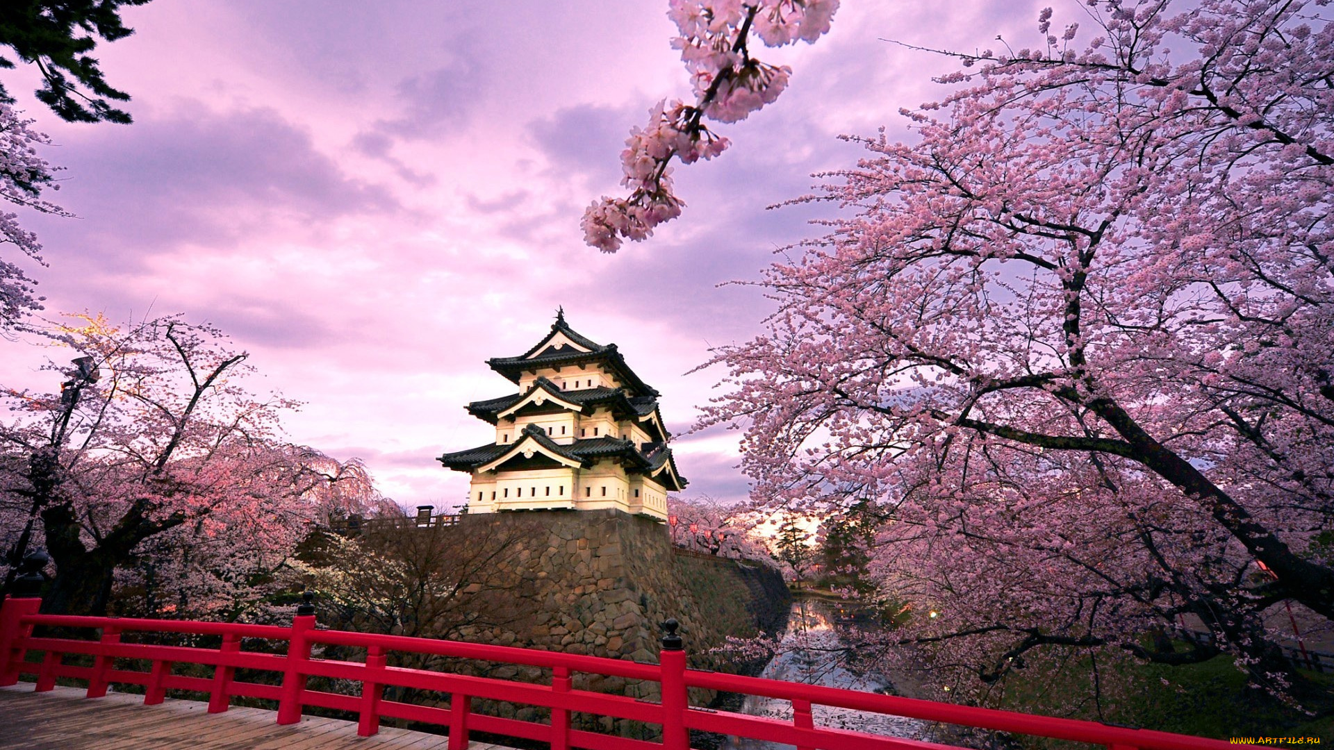 города, замки, Японии, замок, хиросаки, Япония, сакура, цветение, весна, мост, река, деревья