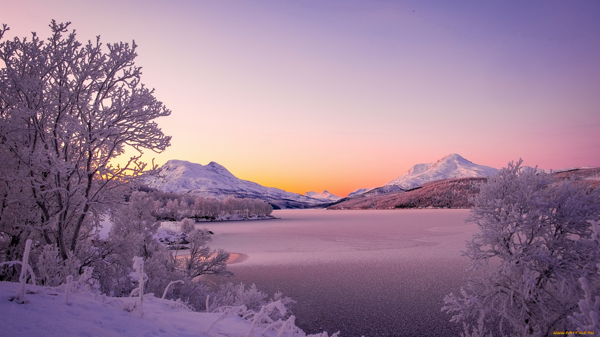 природа, зима, озеро, снег, деревья