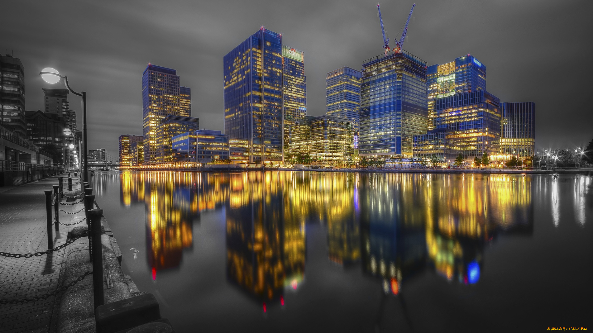 canary, wharf, , london, города, лондон, , великобритания, ночь, огни, река