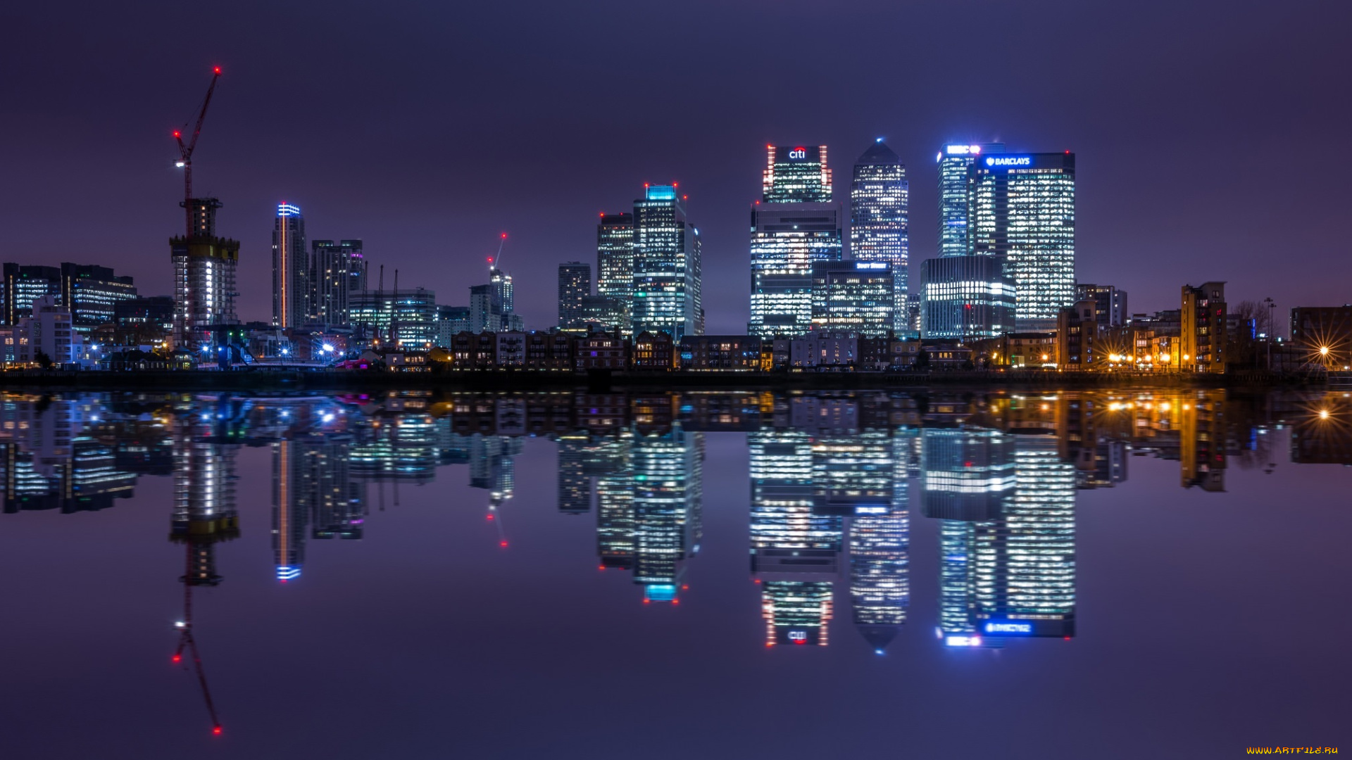 canary, wharf, , london, города, лондон, , великобритания, огни, ночь, река