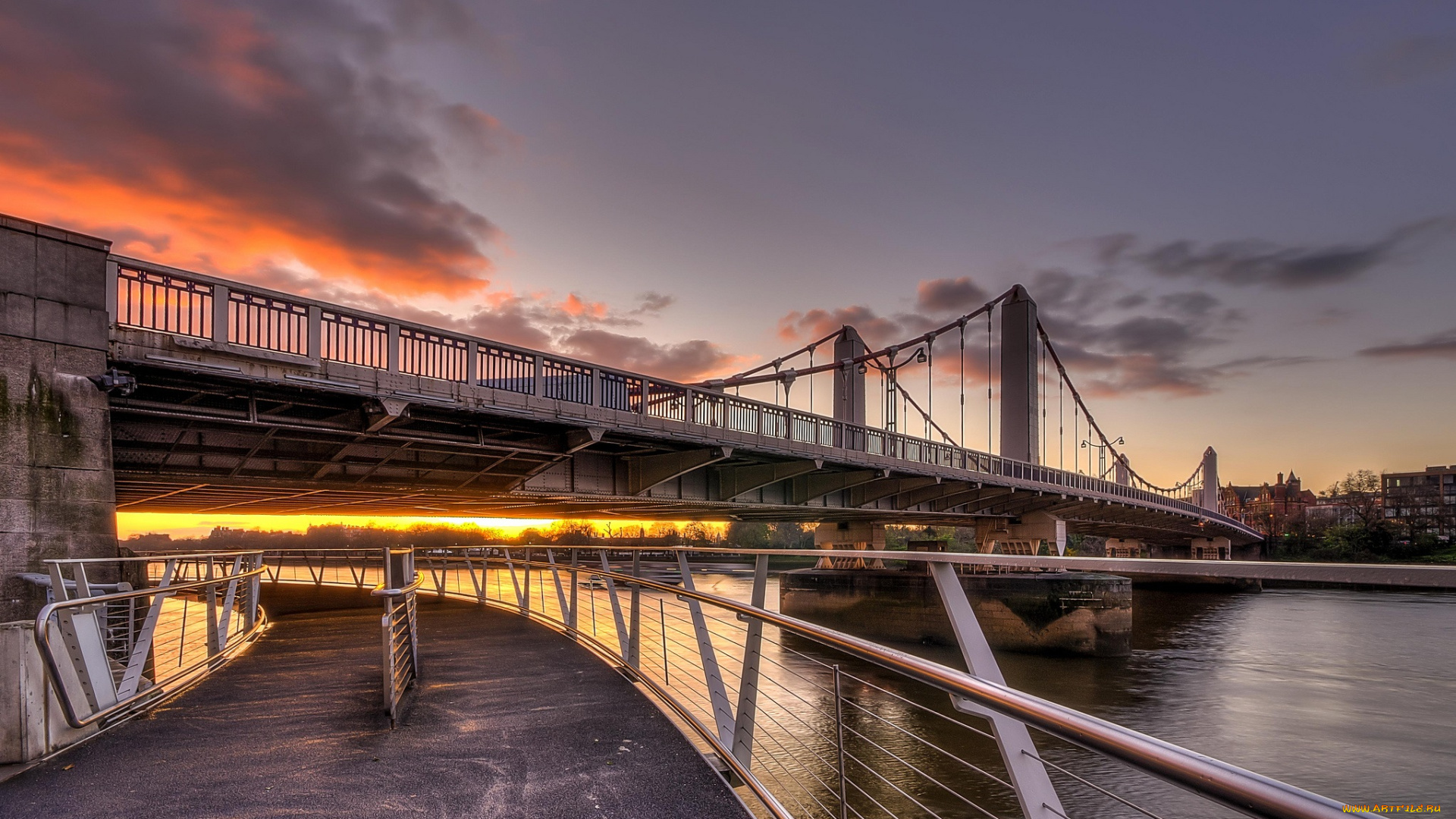 chelsea, bridge, sunset, , london, города, лондон, , великобритания, река, набережная, мост