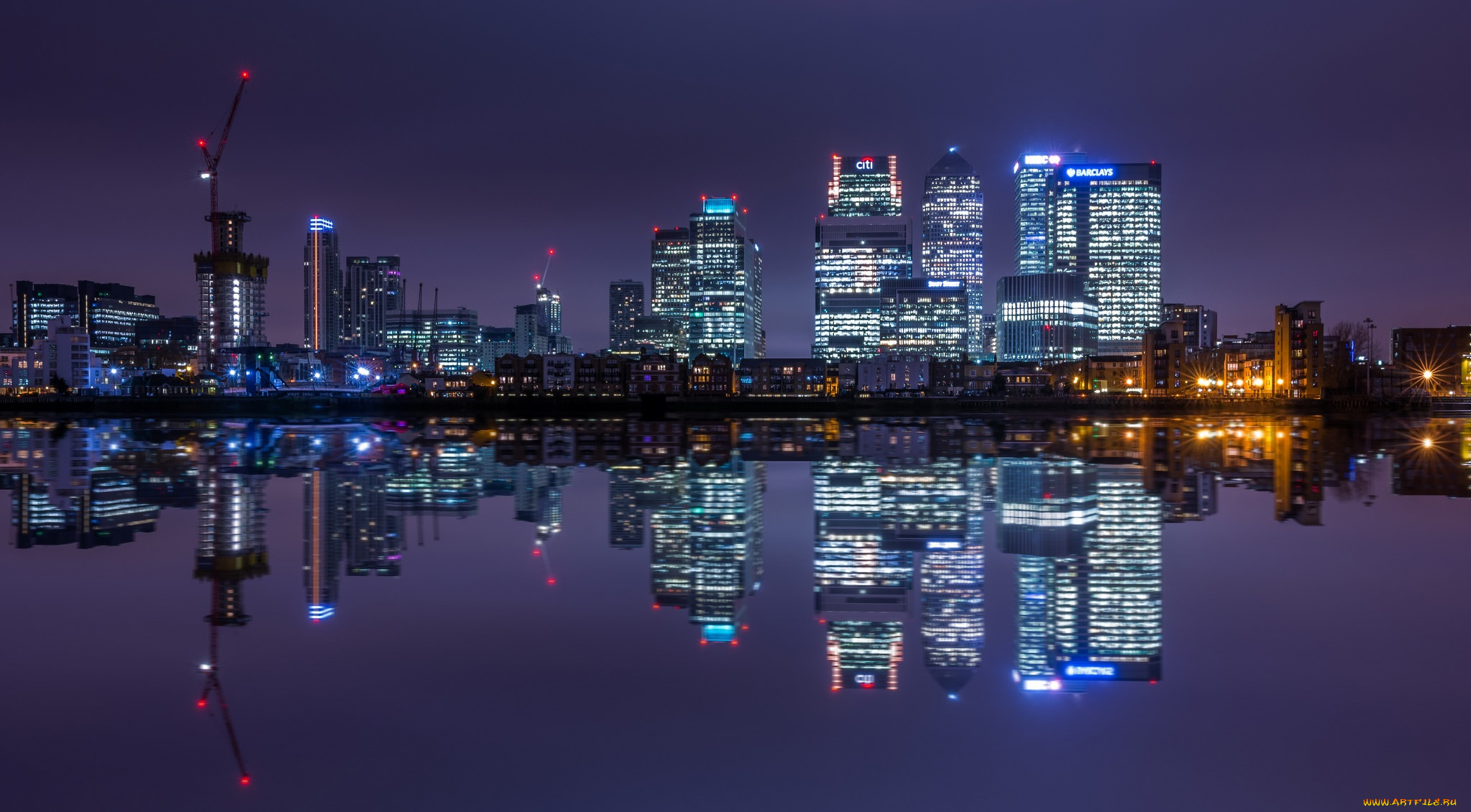 canary, wharf, , london, города, лондон, , великобритания, огни, ночь, река