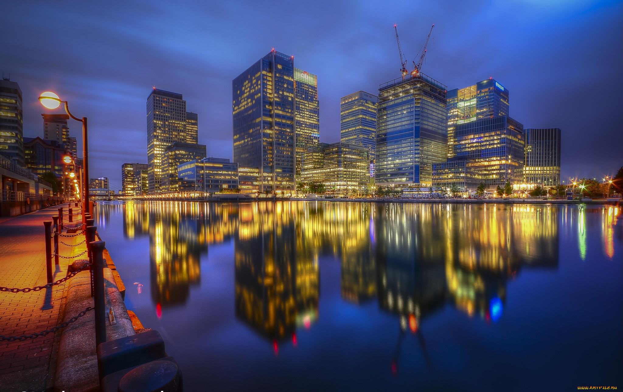 canary, wharf, reflection, , london, города, лондон, , великобритания, ночь, огни, река