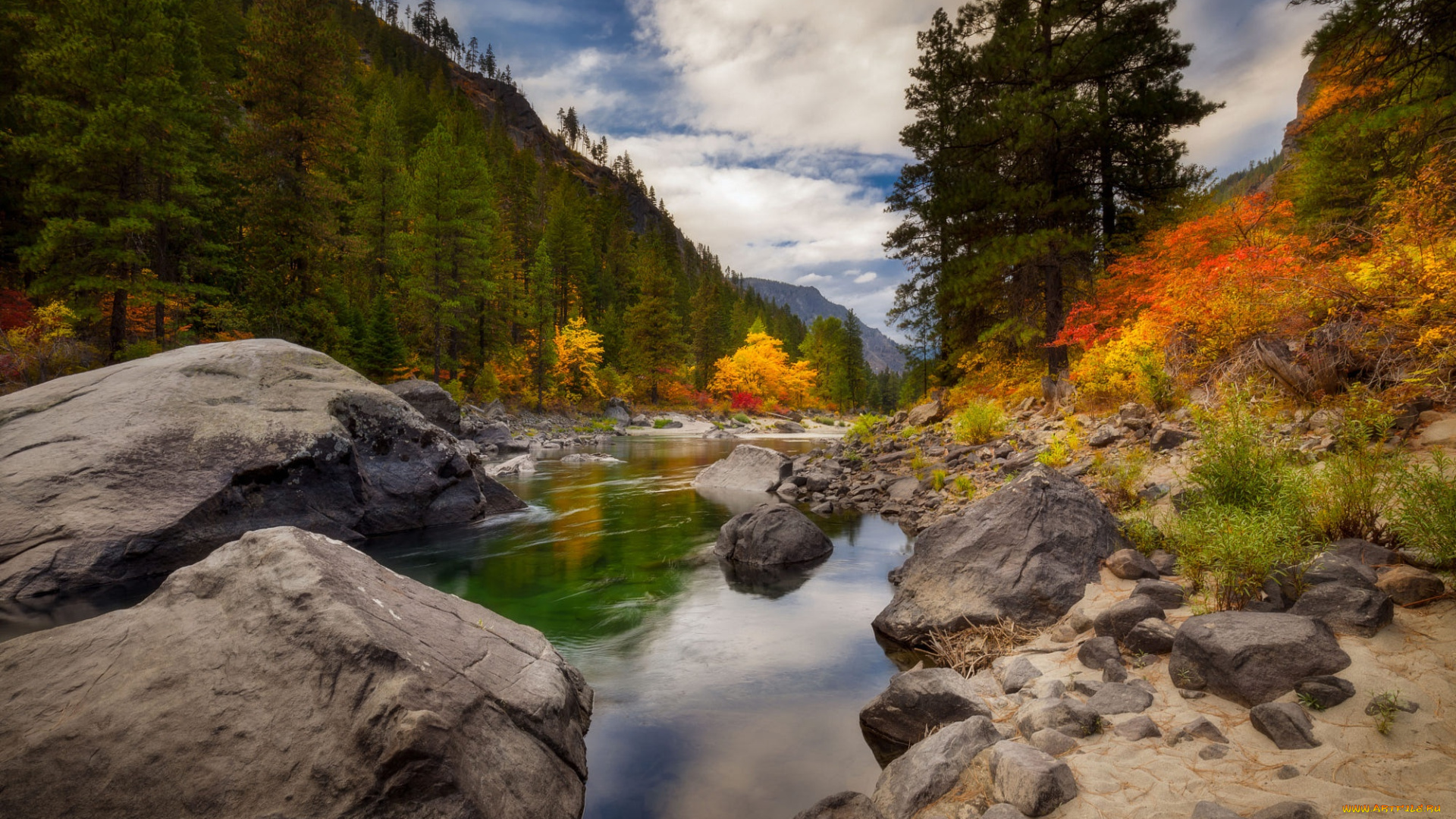 природа, реки, озера, осень, лес, облака, река, камни, берег, речка, водоем, валуны