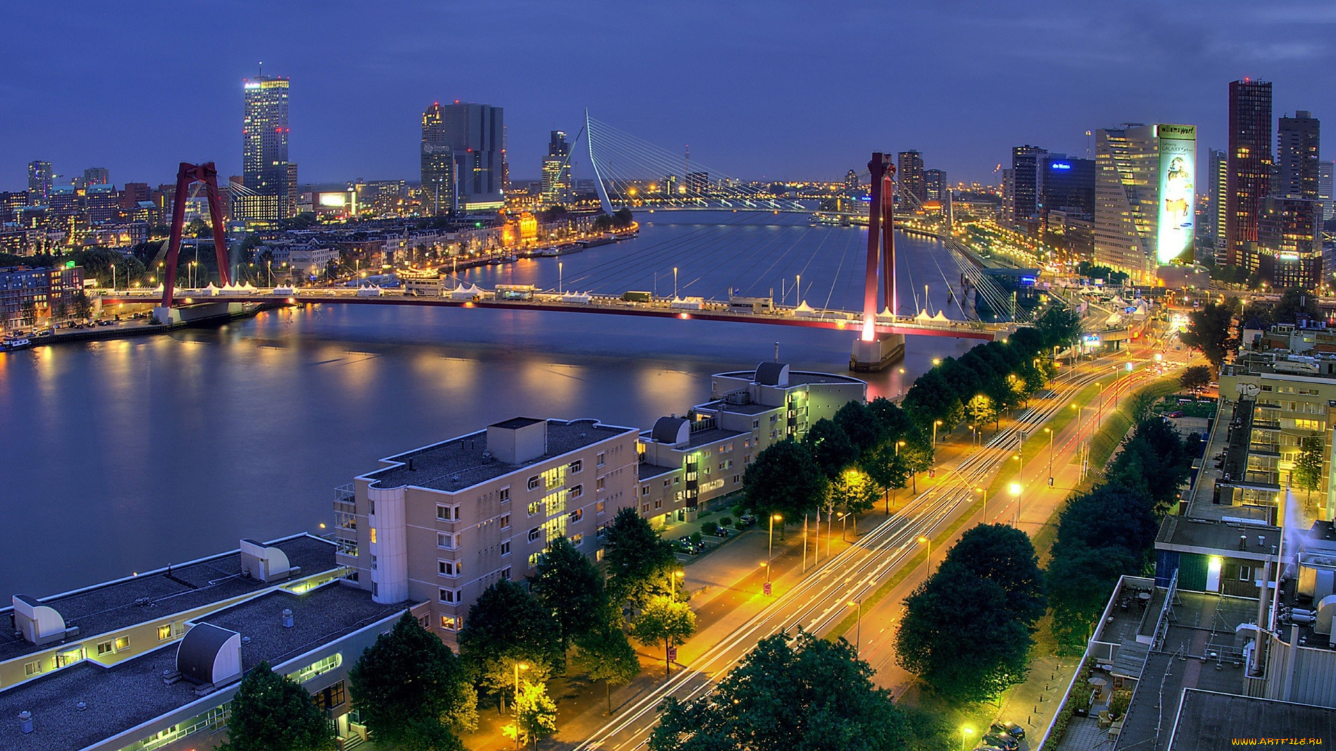 rotterdam, netherlands, города, -, огни, ночного, города