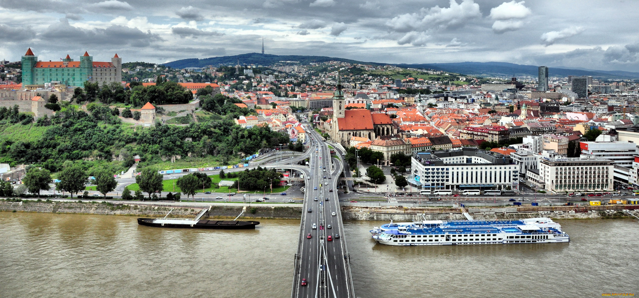 города, братислава, , словакия, река, мост, замок, панорама