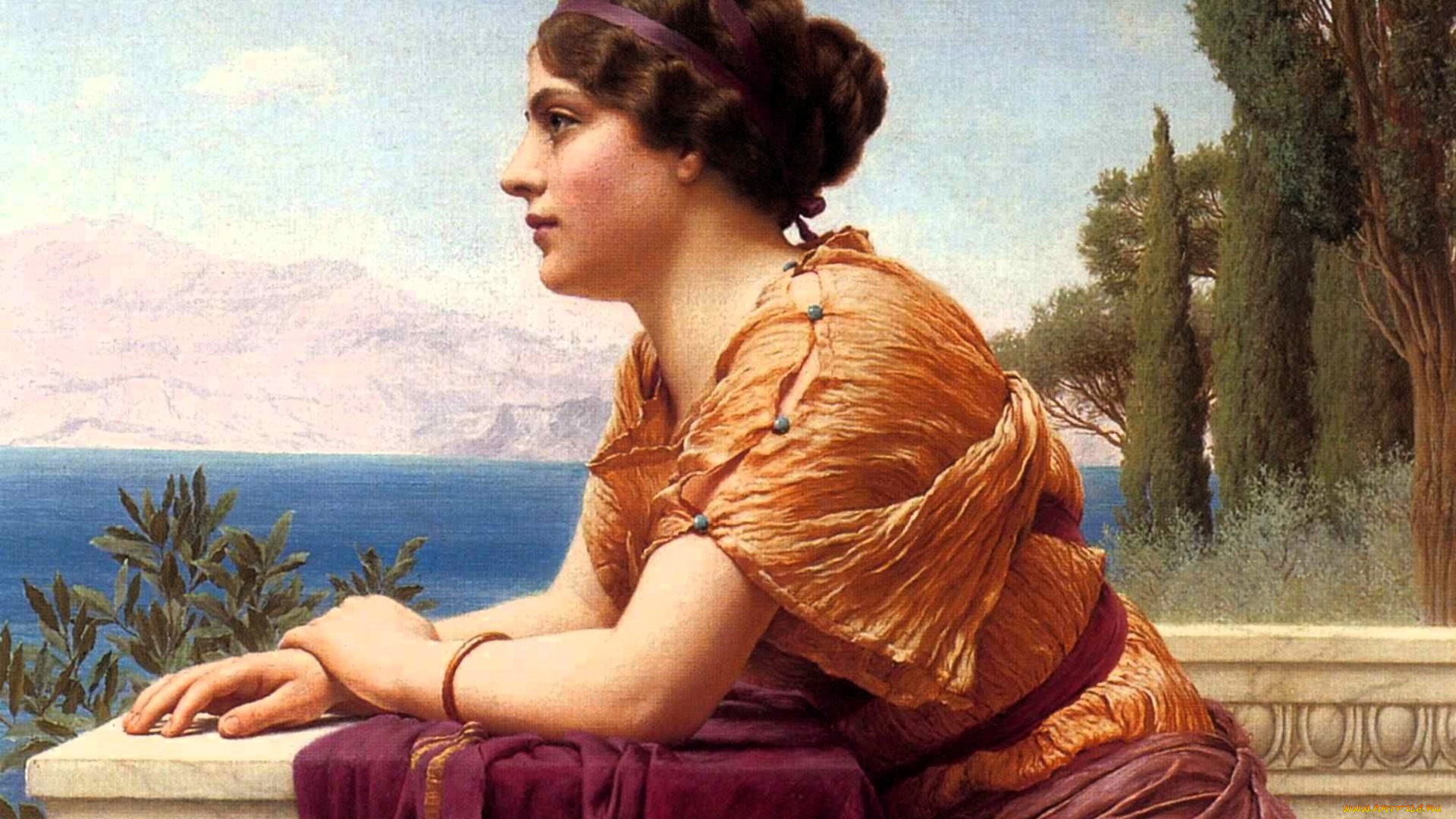 рисованное, john, william, godward, женщина, балкон, море