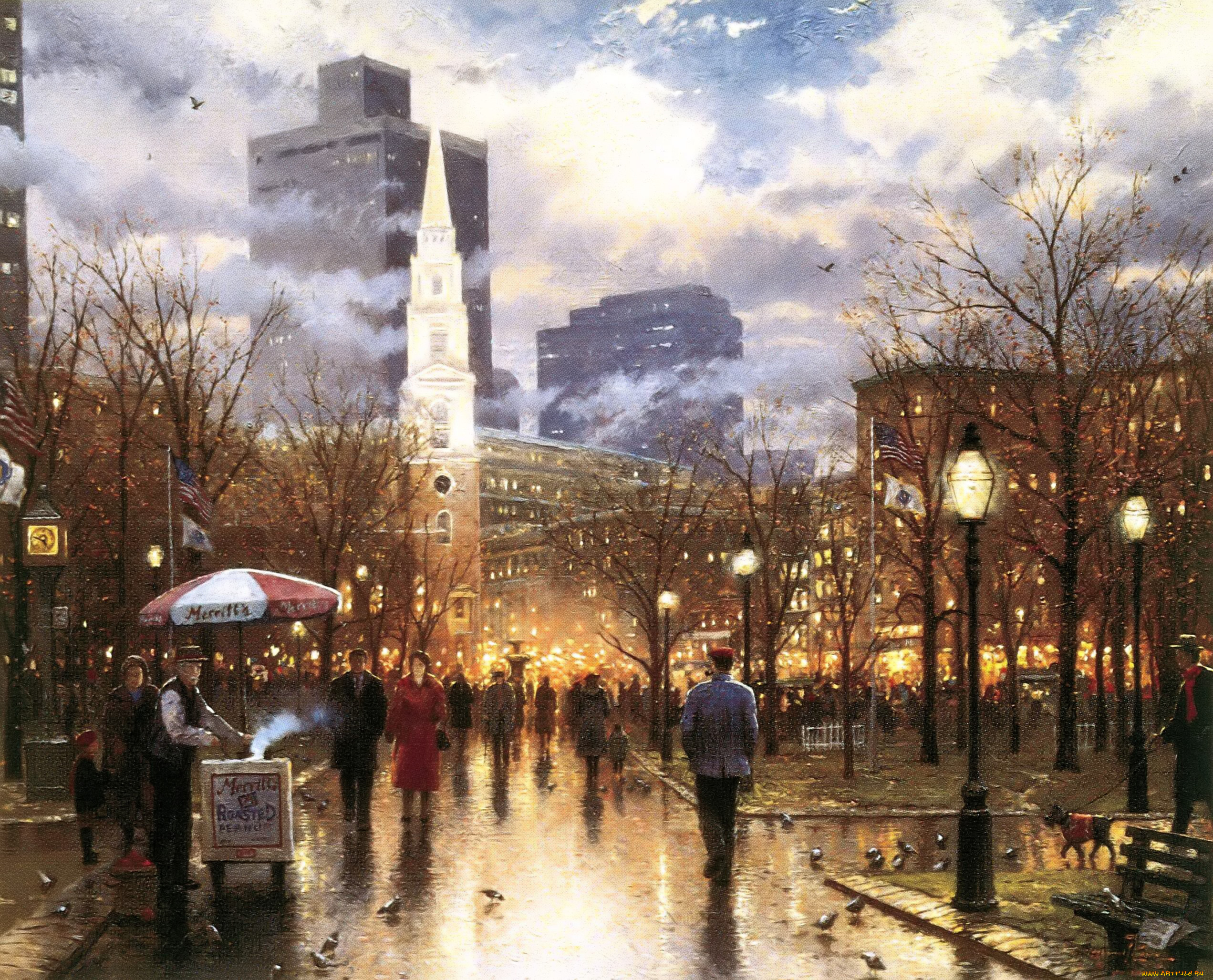 рисованное, thomas, kinkade, город, люди, деревья, фонари, осень