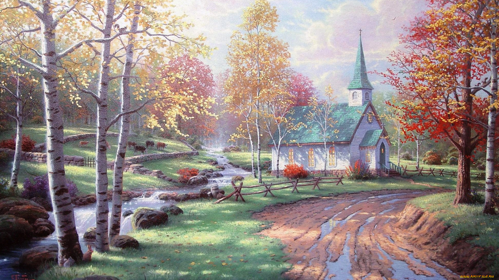 aspen, chapel, рисованные, thomas, kinkade, часовня, осень, березы