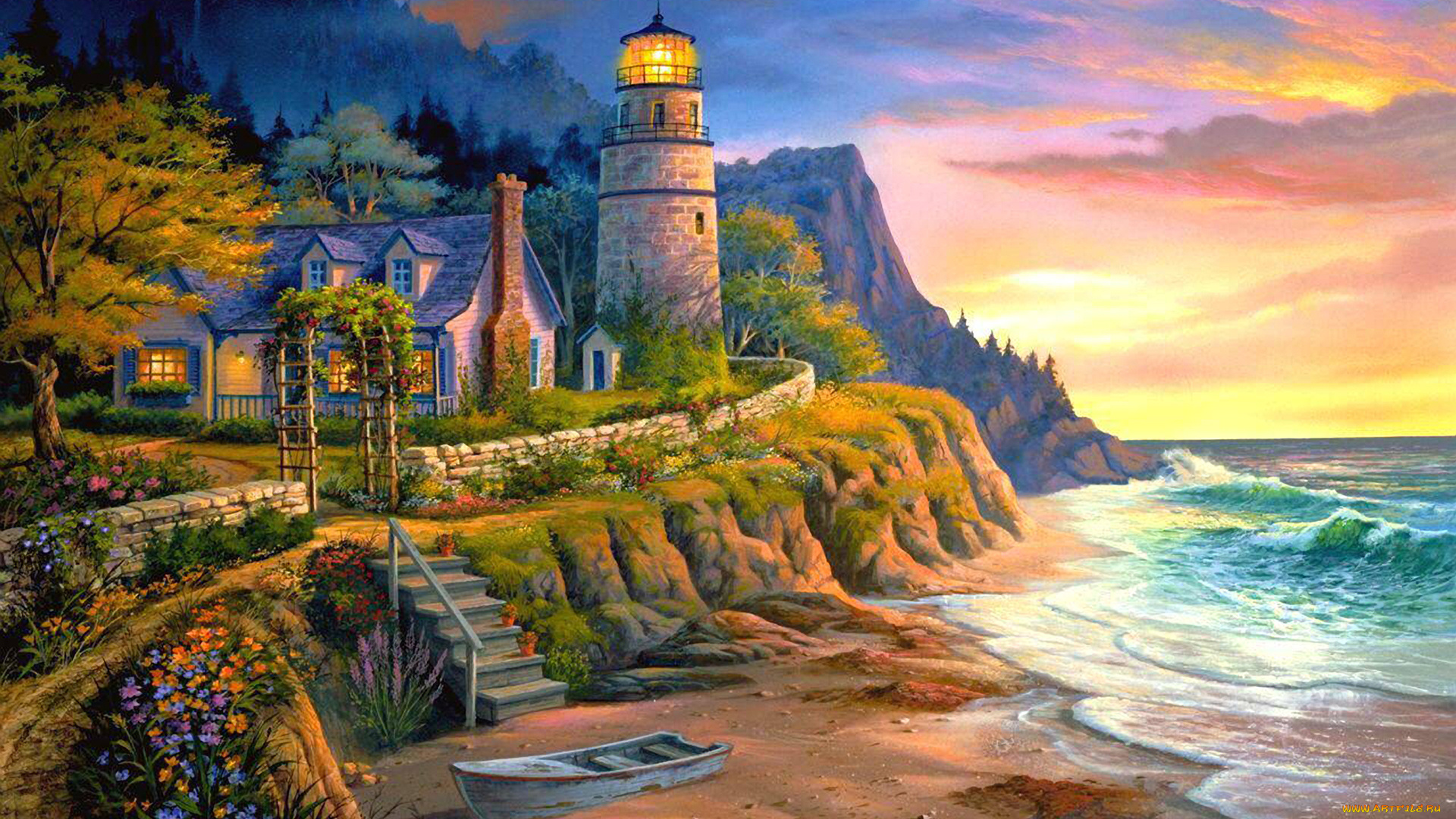 lighting, the, way, рисованные, michael, humphries, маяк, дом, море, лодка, берег