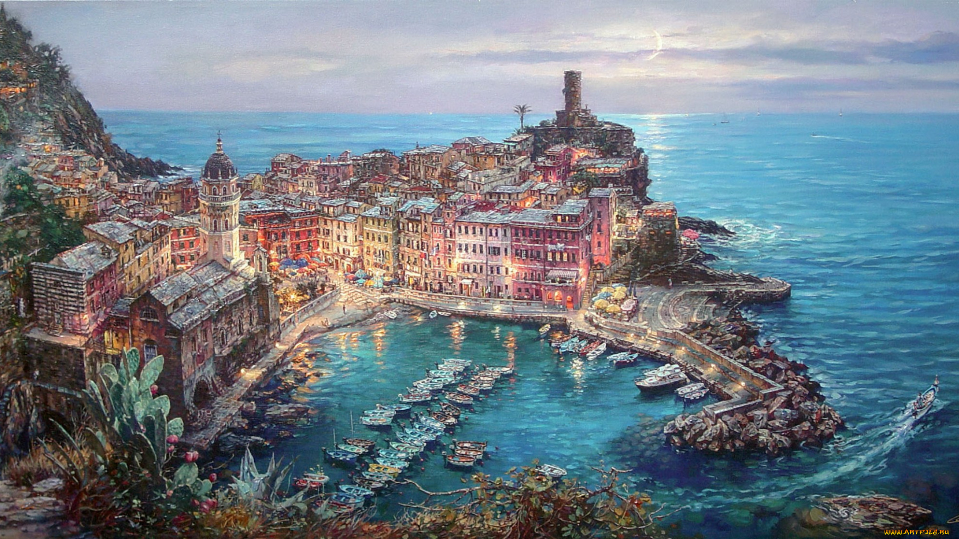 moonlight, in, vernazza, рисованные, cao, yong, италия, вернацца, море, город