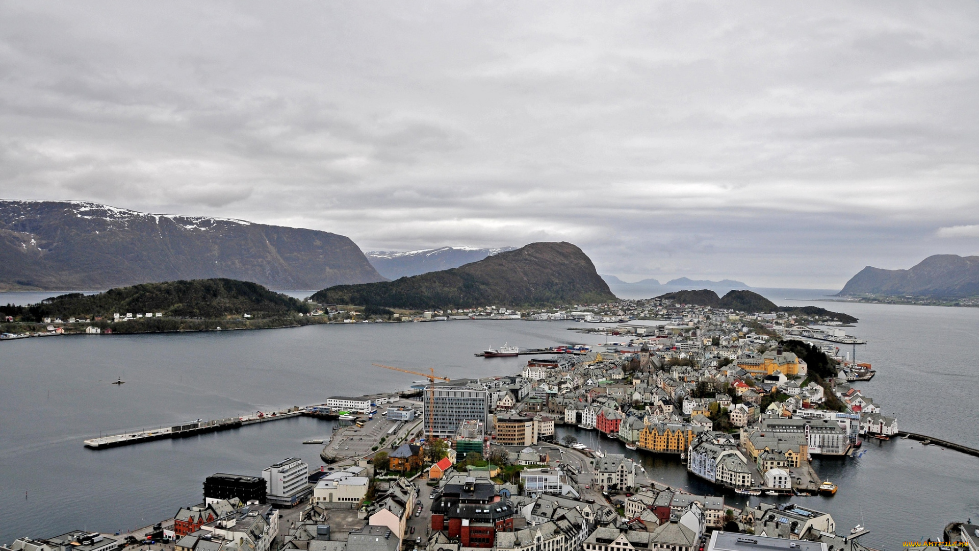 норвегия, города, панорамы, вода, горы, дома, alesund, norway