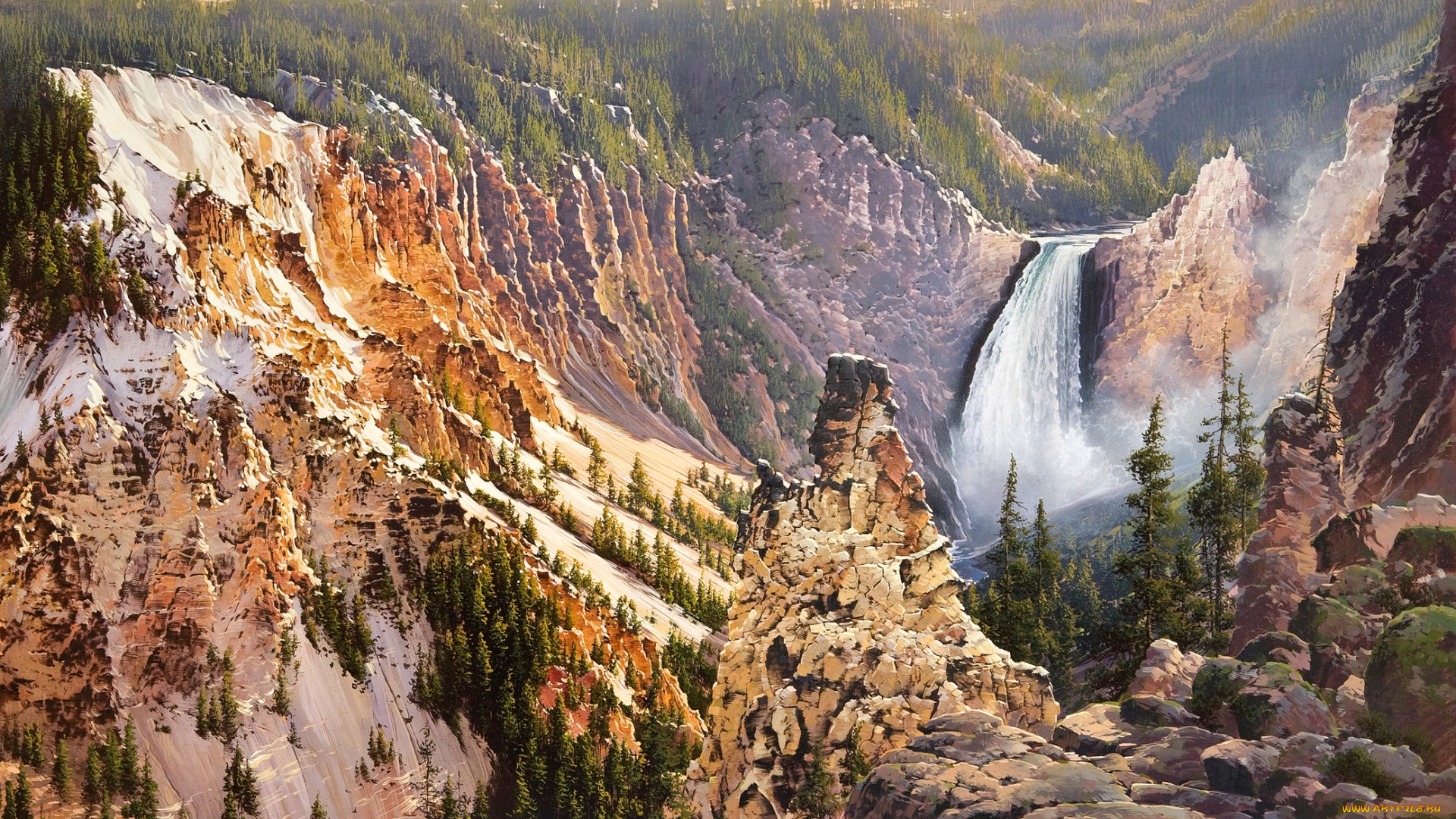 power, and, grace, lower, falls, of, the, yellowstone, рисованные, bruce, cheever, природа, водопад, горы