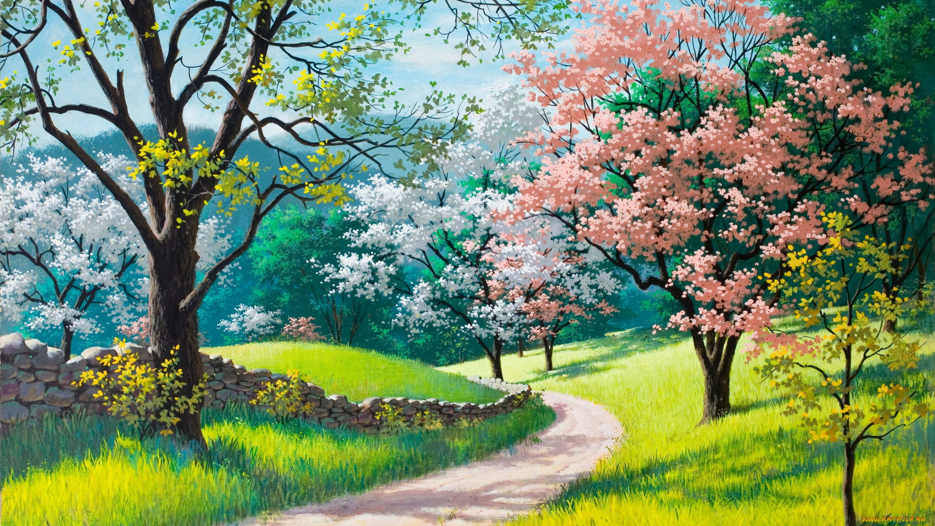 spring, blossoms, рисованные, arthur, saron, sarnoff, весна, деревья, цветы