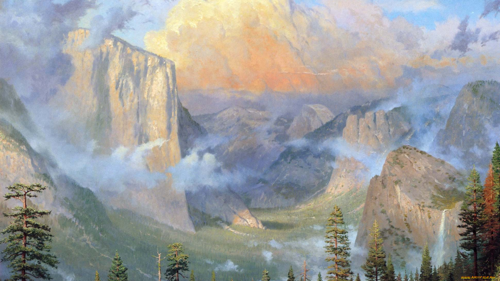 yosemite, valley, artists, point, рисованные, thomas, kinkade, природа, лес, горы