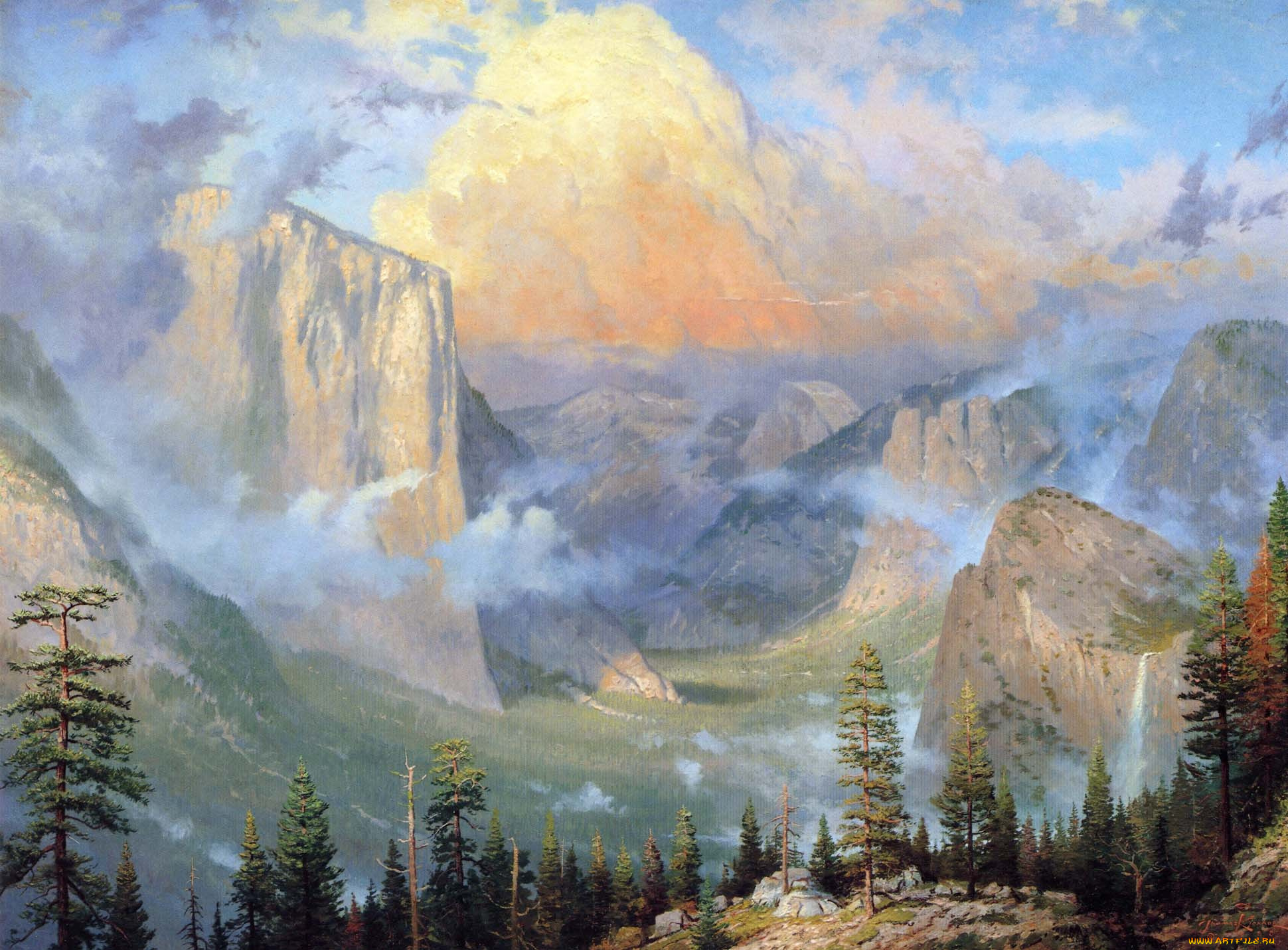 yosemite, valley, artists, point, рисованные, thomas, kinkade, природа, лес, горы