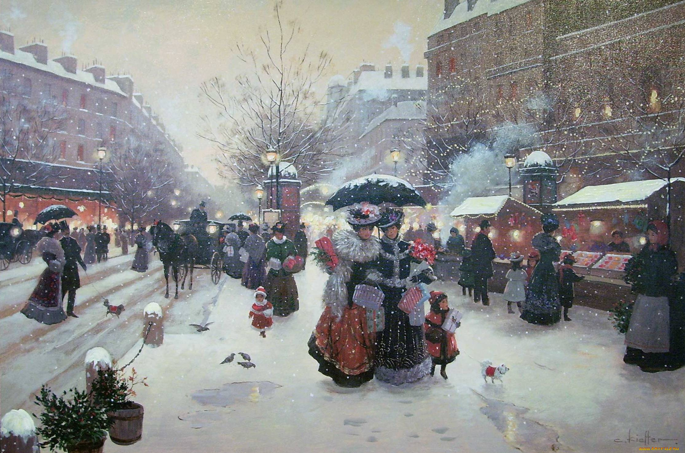 winter, pleasures, рисованные, christa, kieffer, париж, франция, рождество, зима, снег, люди