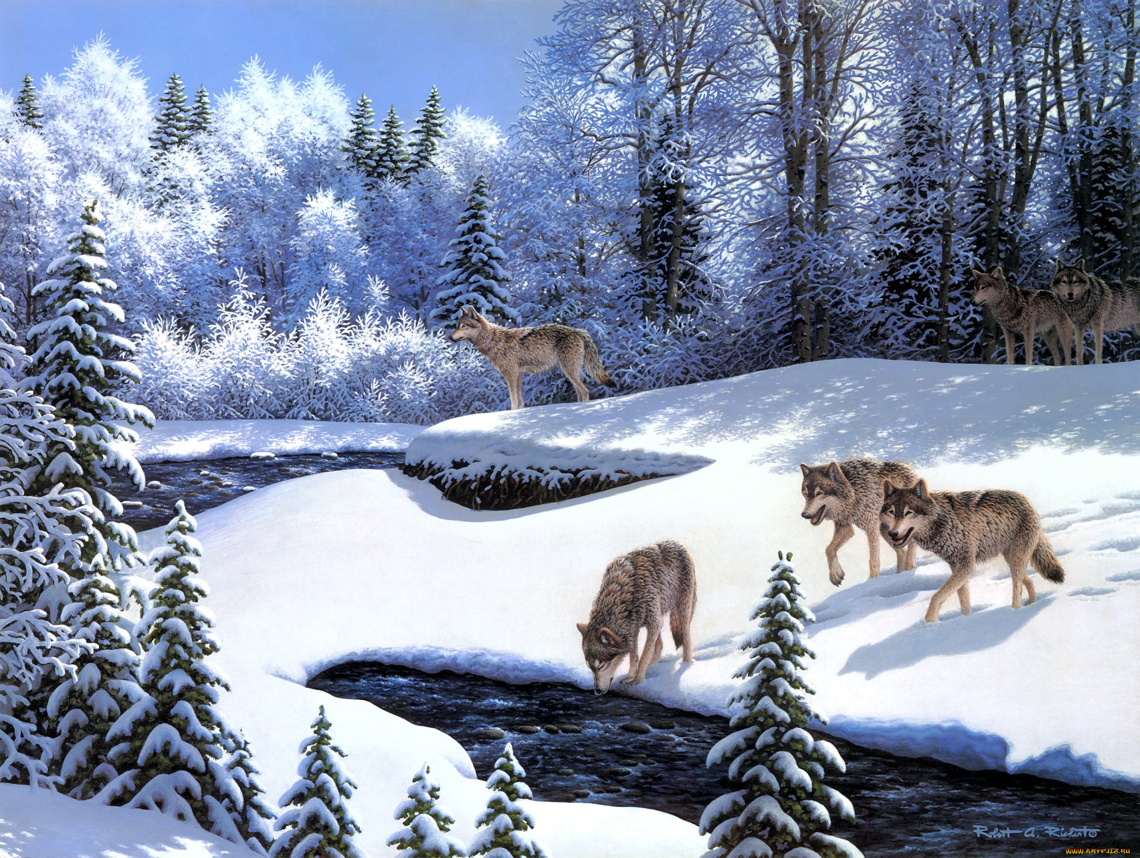 on, the, prowl, рисованные, robert, richert, волки, зима