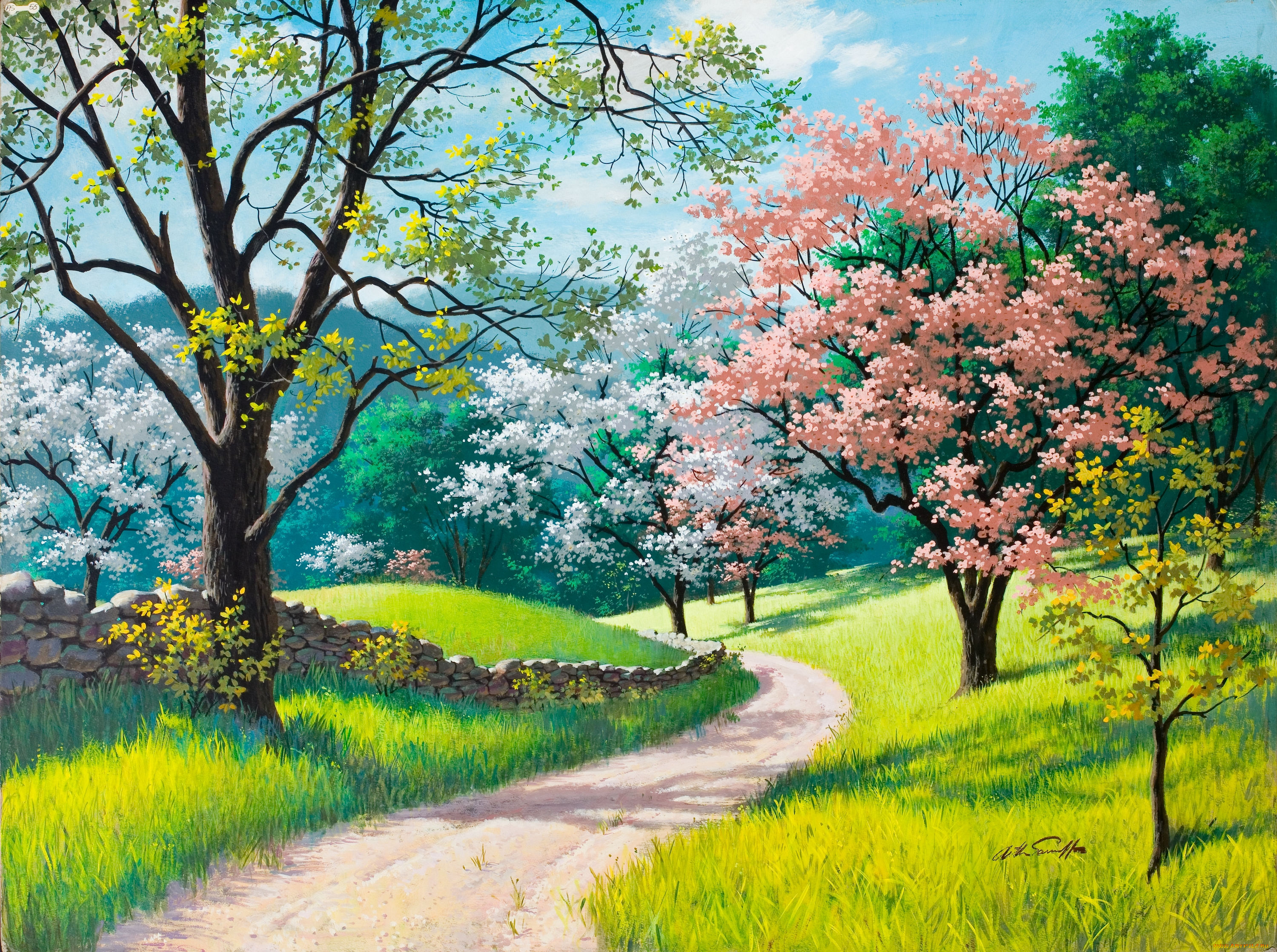 spring, blossoms, рисованные, arthur, saron, sarnoff, весна, деревья, цветы