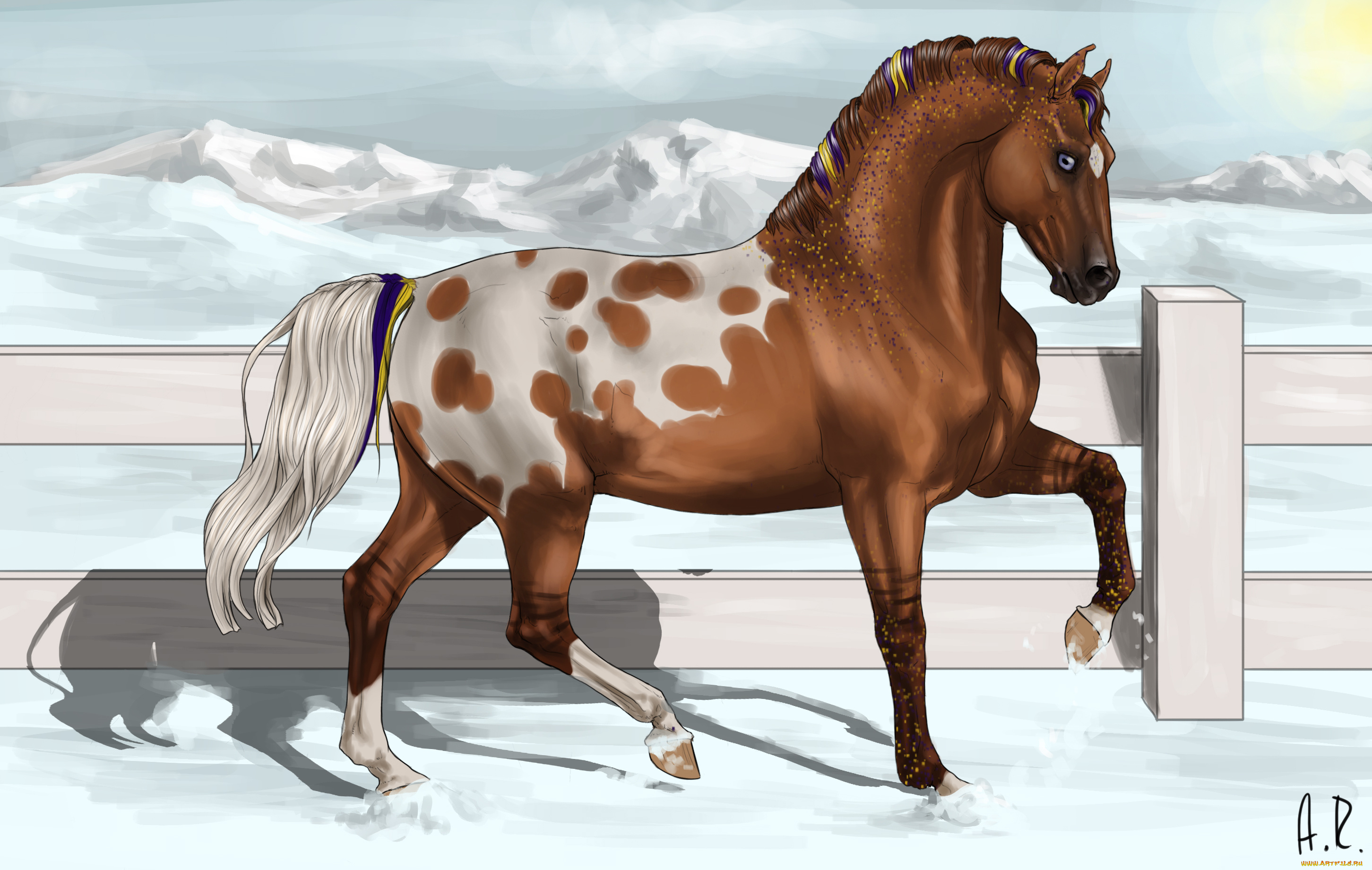 рисованные, животные, сказочные, мифические, забор, снег, лошадь