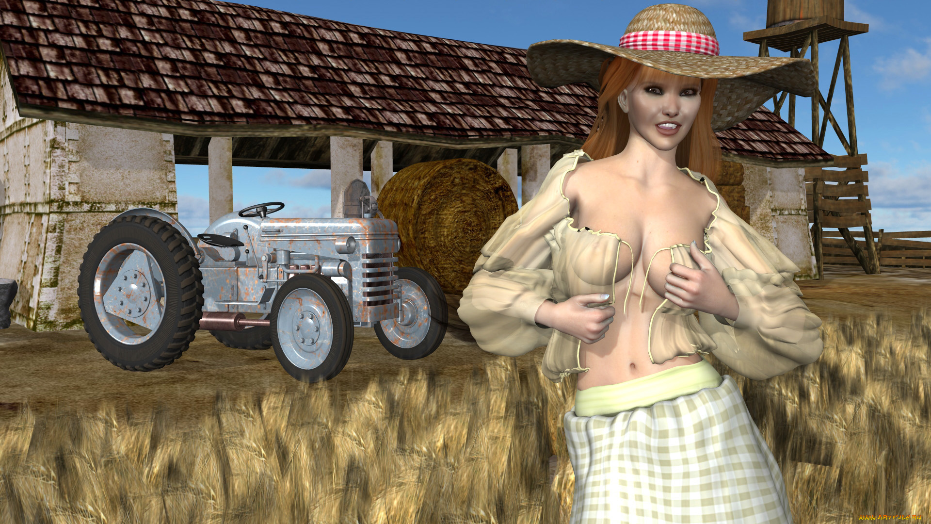 3д, графика, люди, , people, сарай, шляпа, трактор, фермер, фон, взгляд, девушка, сено