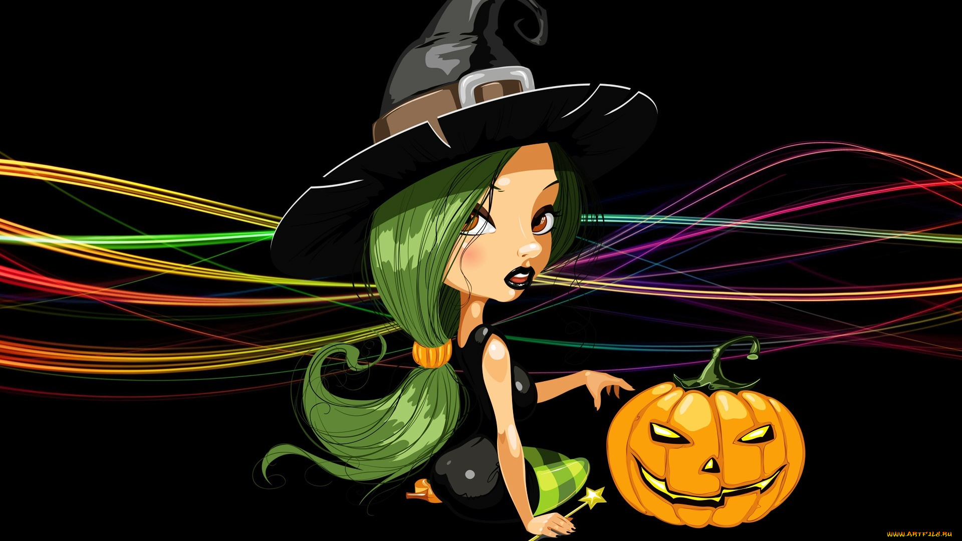 праздничные, хэллоуин, зеленые, волосы, сидит, шляпа, ведьма, черный, фон, светильник, джека, тыква, линии
