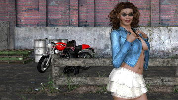Картинка 3д+графика люди+ people мотоцикл мотоциклист фон взгляд девушка