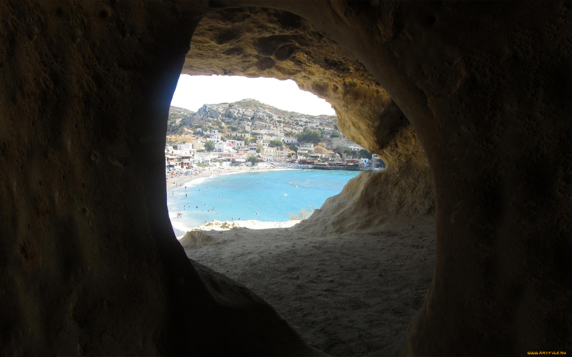 matala, cave, города, -, пейзажи, пещера, поселок, море, скалы, пляж