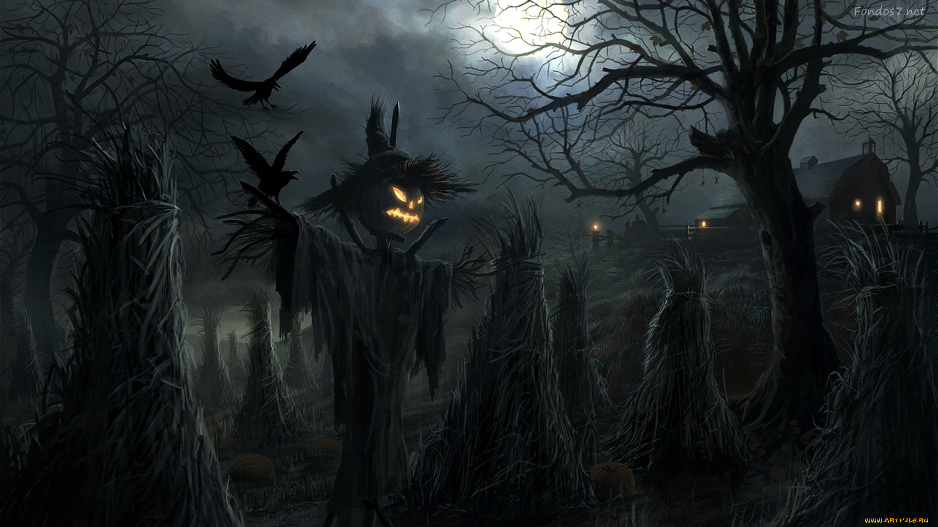 праздничные, хэллоуин, scary, pumpkin, moon, holiday, jack, o', lantern, house, night, scarecrow, ravens, spooky, field, halloween, barn, sheaves