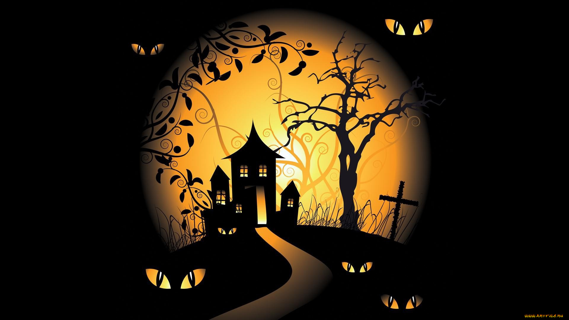 праздничные, хэллоуин, trees, eyes, moon, halloween, spooky, graveyards, scary, house, holiday, black, background, vector, art